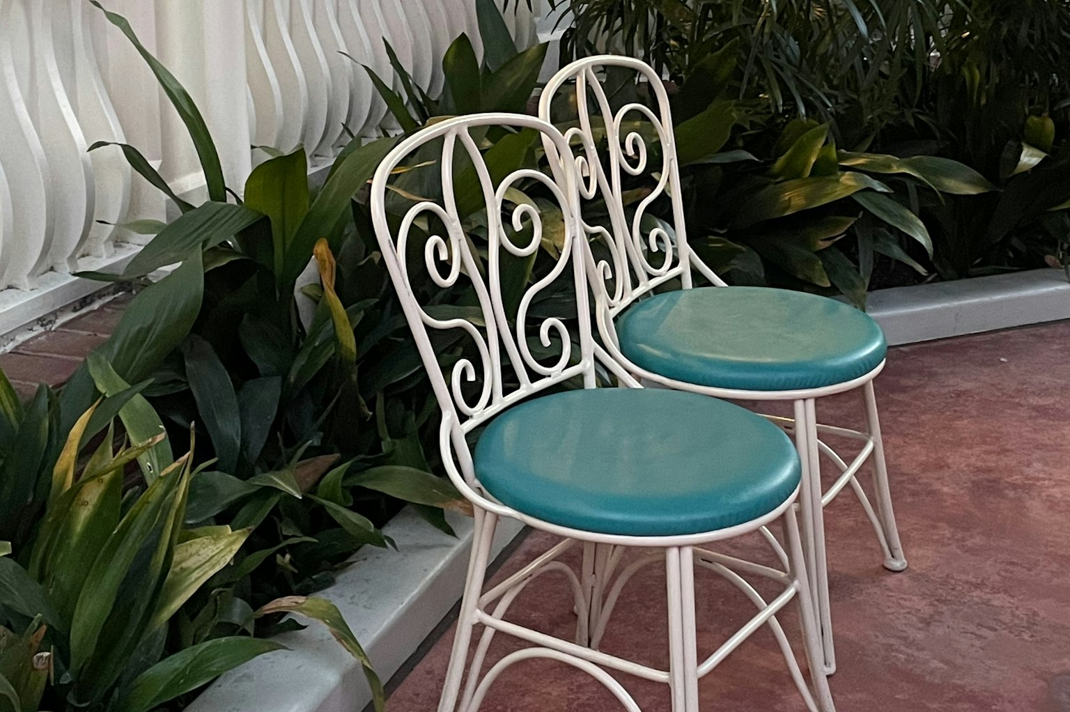 Deux chaises en fer blanc avec des coussins turquoise entourées de plantes vertes