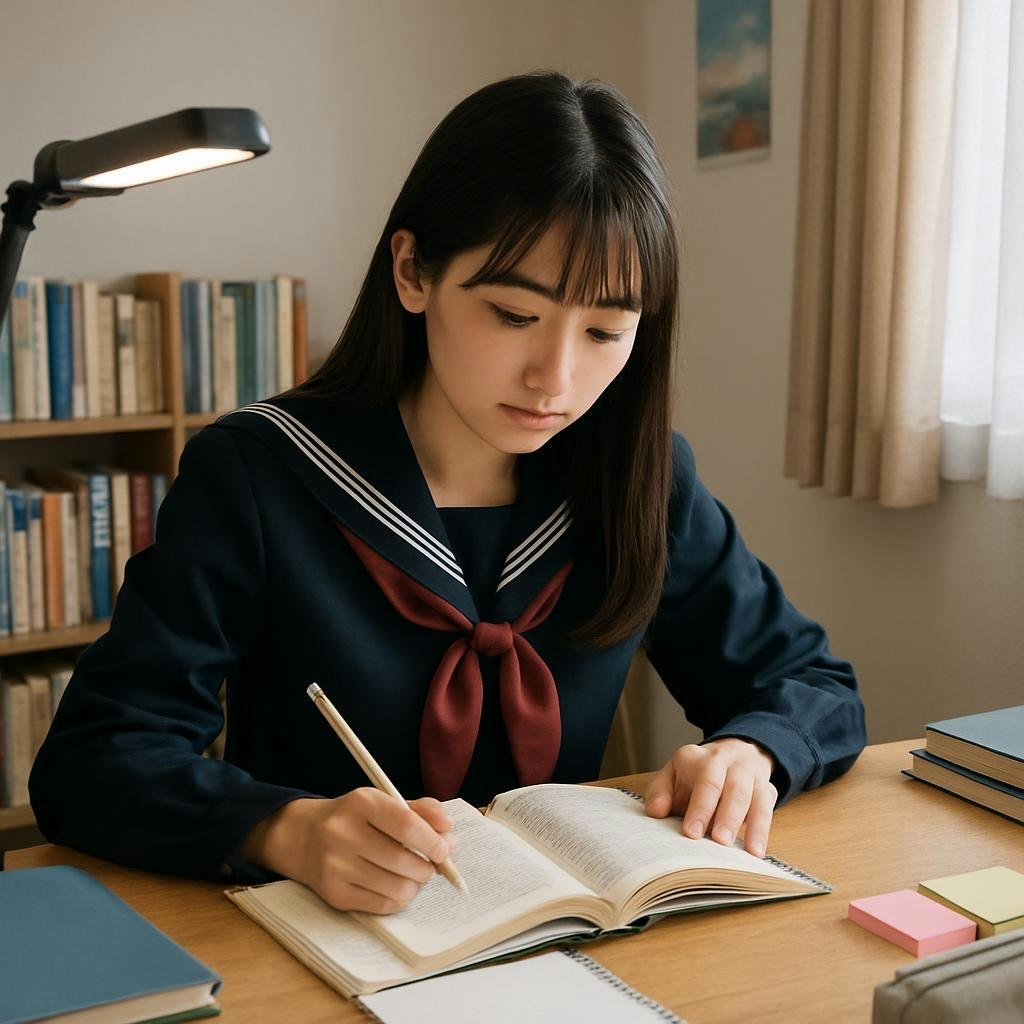 穿校服的学生在书桌前学习