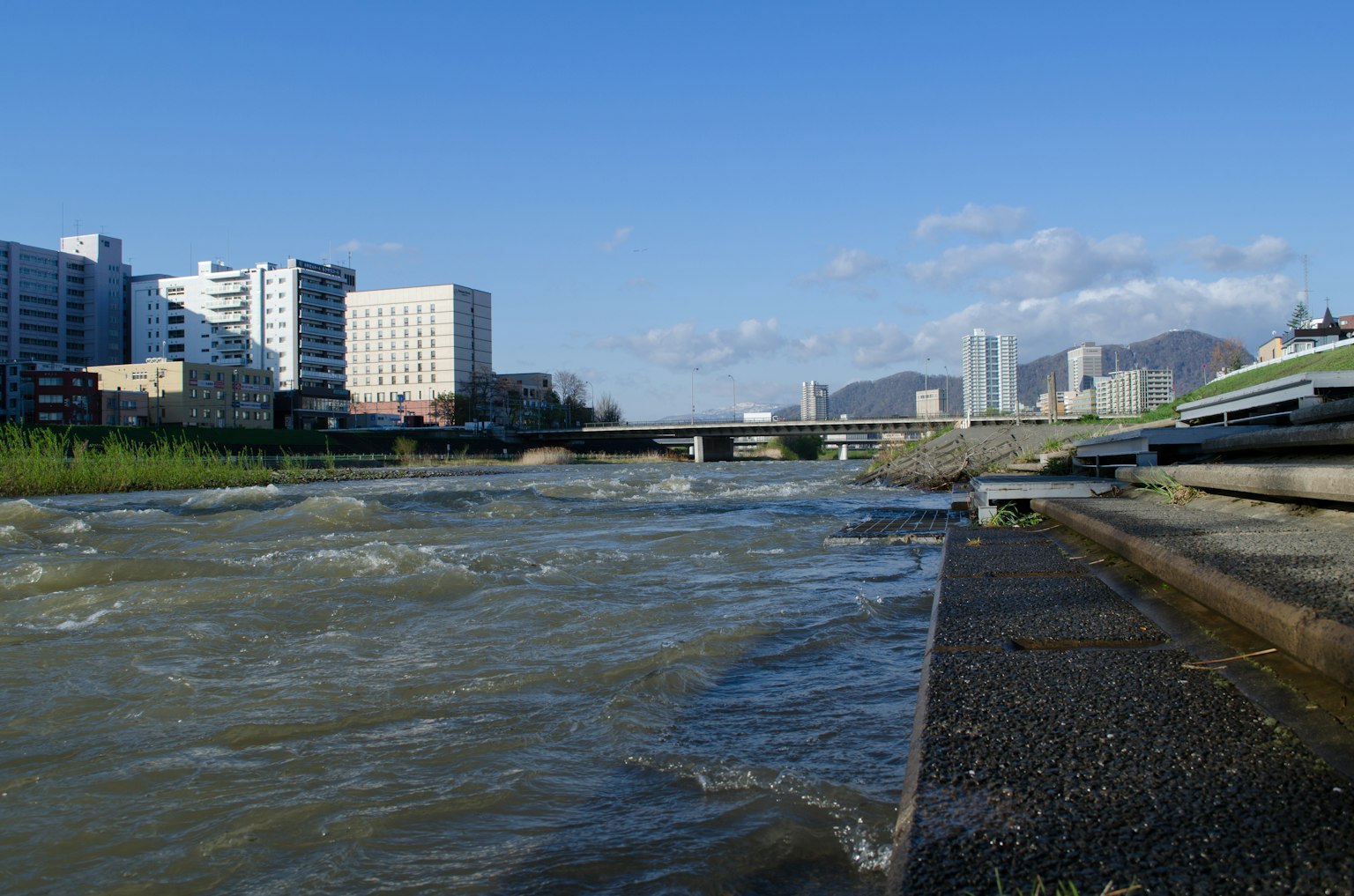 Paysage urbain près d'une rivière avec des bâtiments élevés et un pont