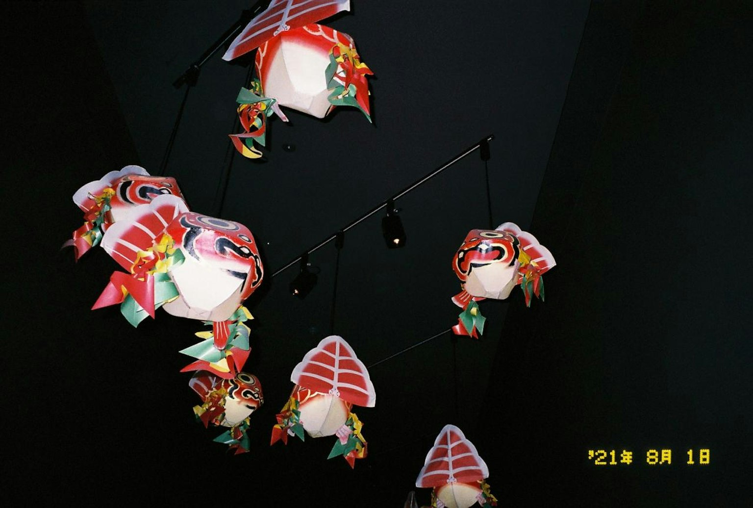 Colorful koi lanterns hanging against a black background