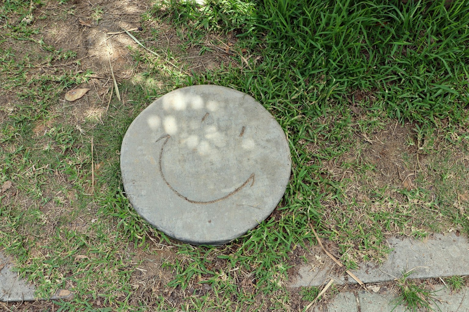 A stone plate with a smiley face design in the grass