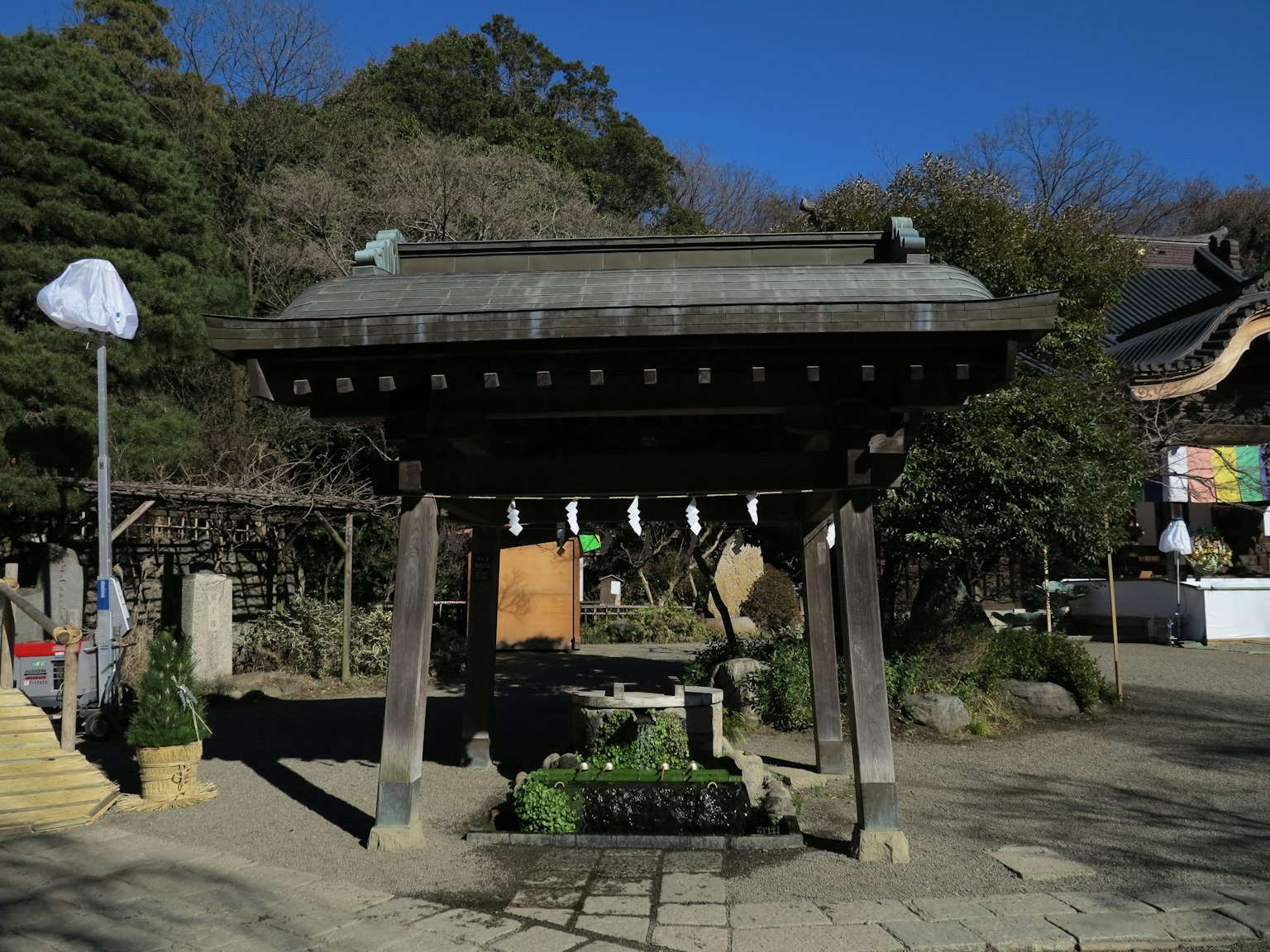 传统日本门口被绿树环绕和寺庙区域