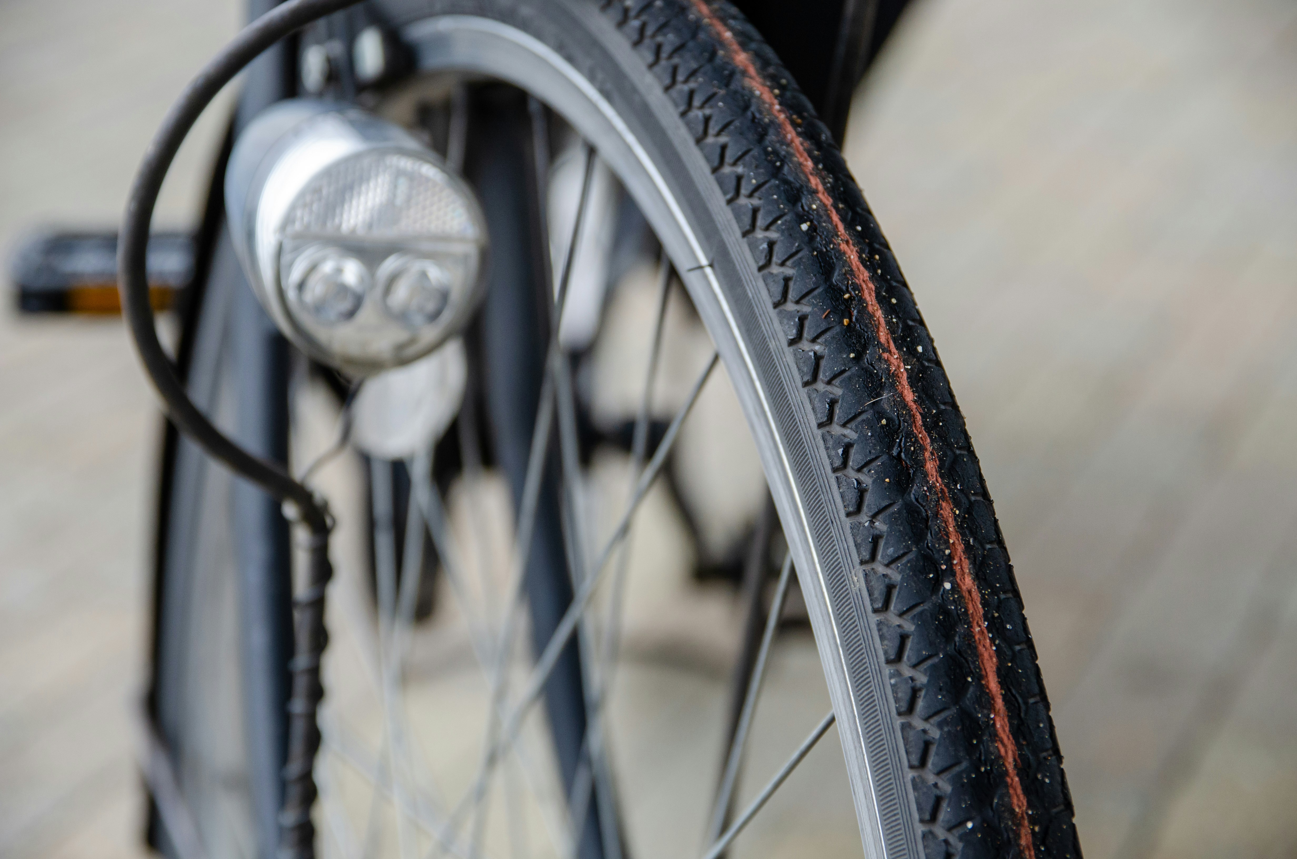 close-up of a bicycle front wheel and tire