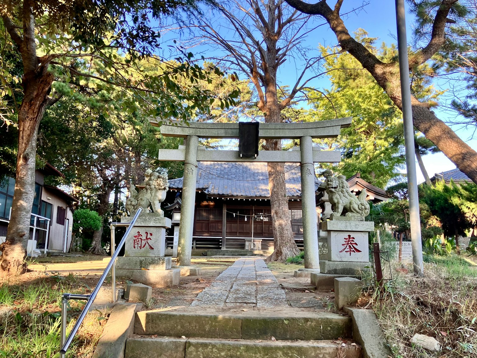 Una vista serena dell'ingresso di un santuario con torii e leoni guardiani