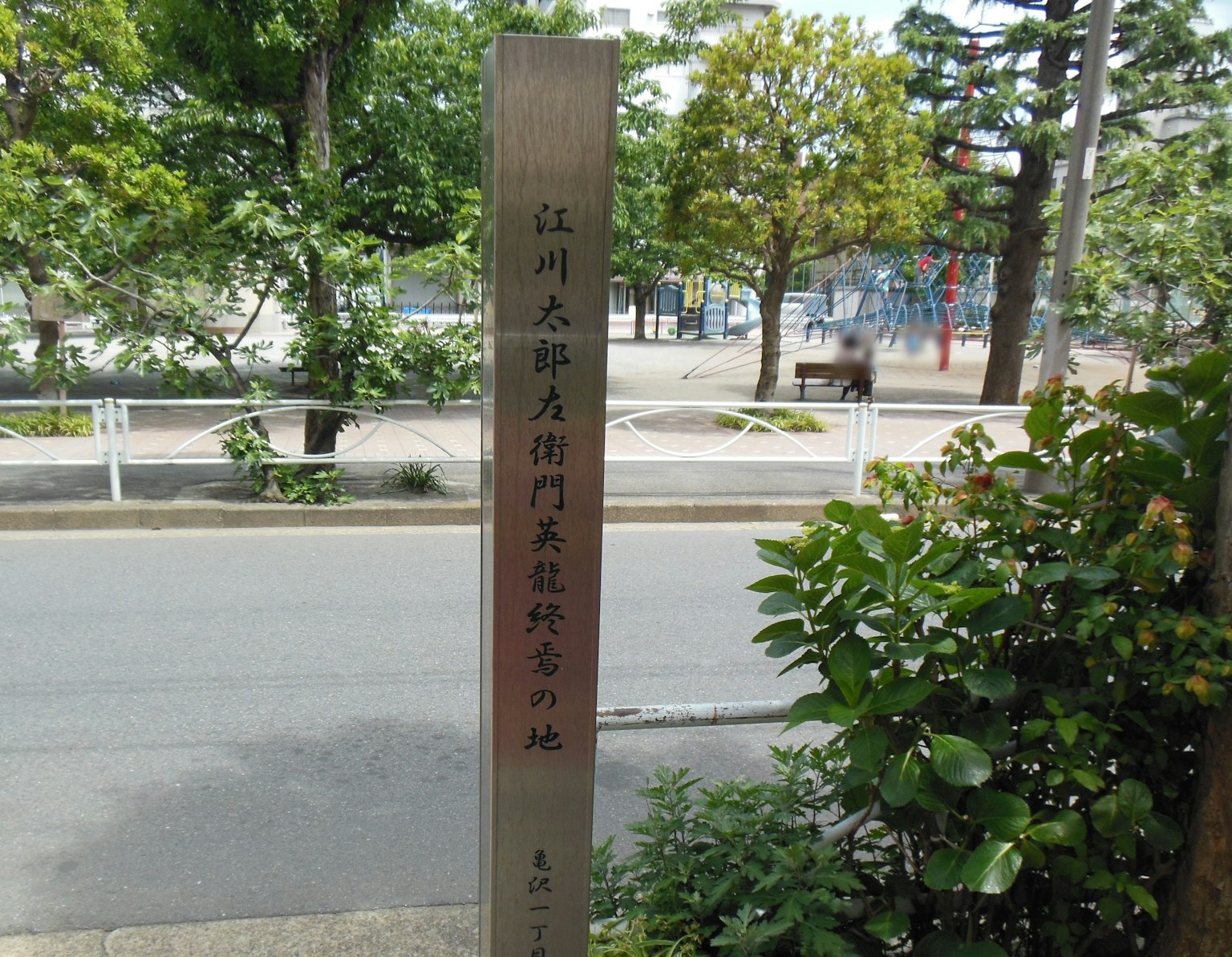 公园入口的指示牌 周围环绕着绿色植物