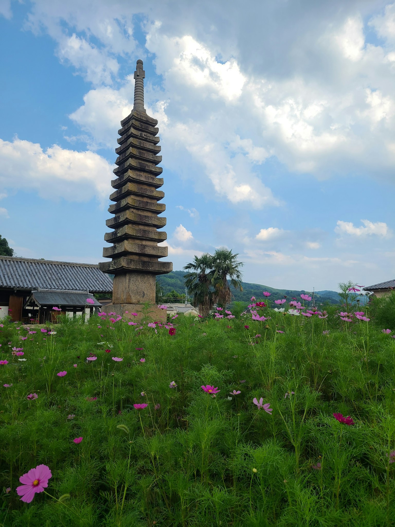 Pagode ancienne sous un ciel bleu avec des fleurs colorées