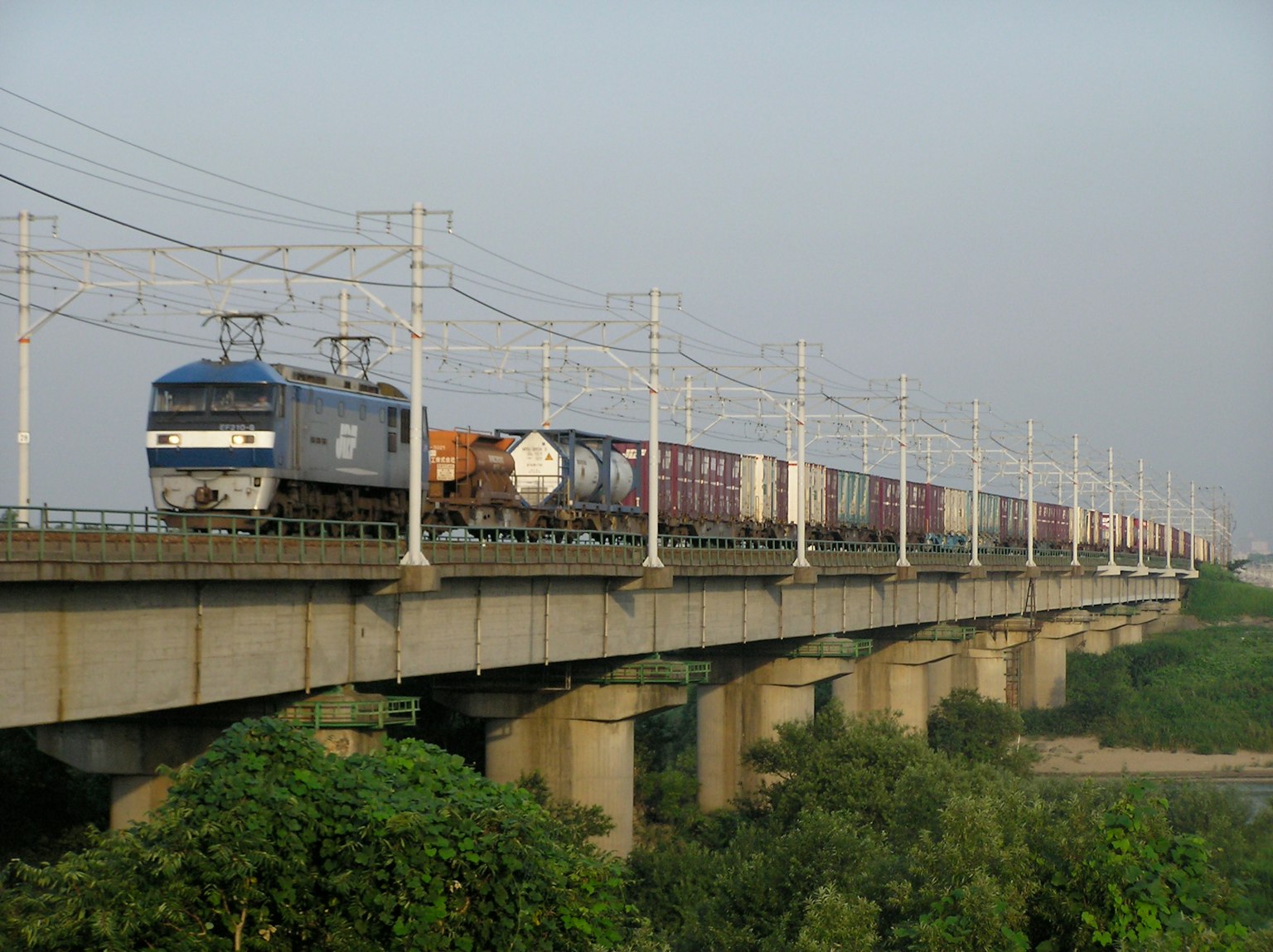 Tren de carga circulando sobre un puente con paisaje verde