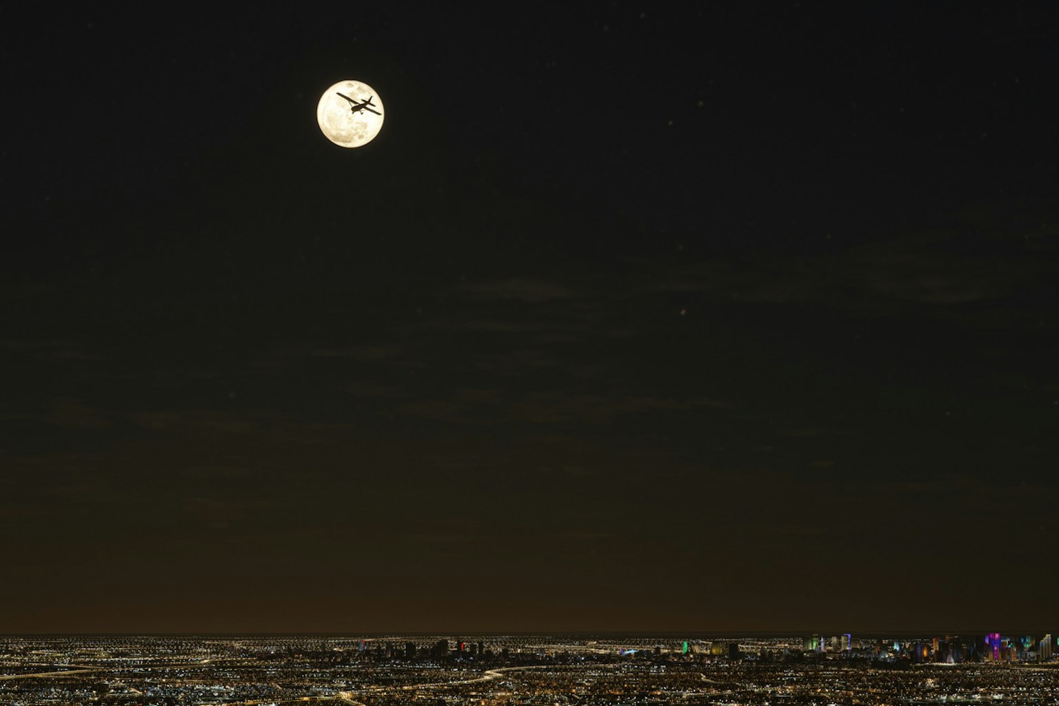 Der große Mond am Nachthimmel mit einer Stadtsilhouette darunter