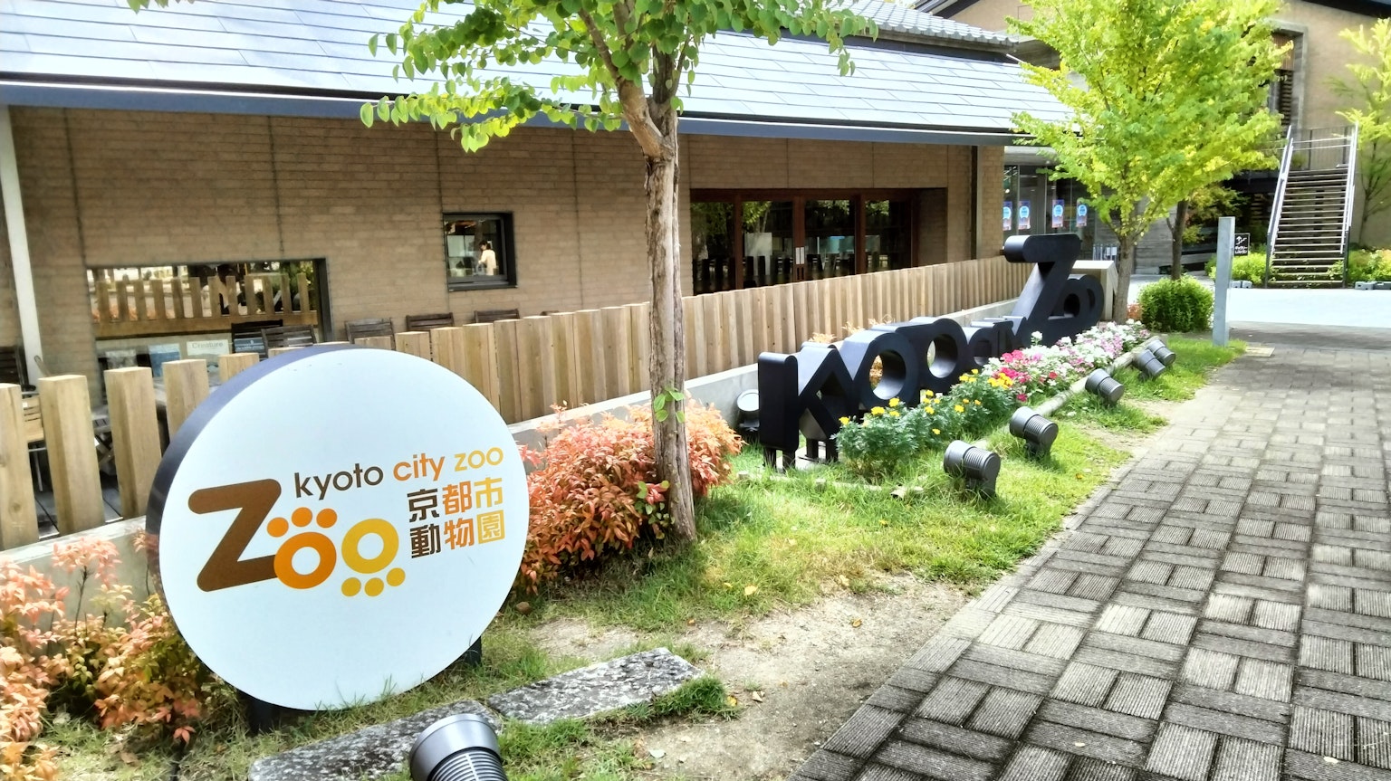京都市動物園入口標誌和郁郁蔥蔥的綠色環境