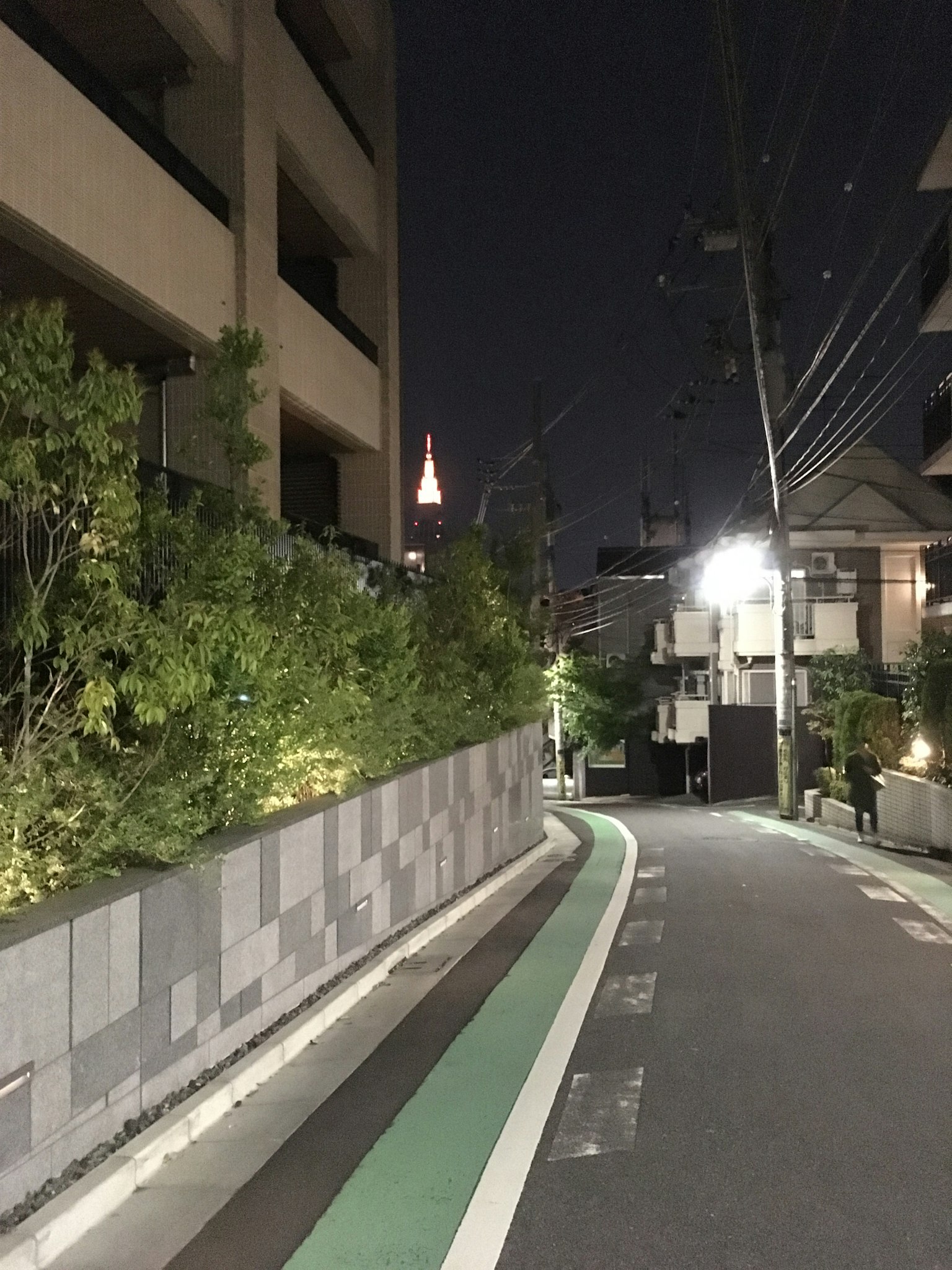 Jalan sempit di Tokyo di malam hari dengan lampu Menara Tokyo yang terlihat
