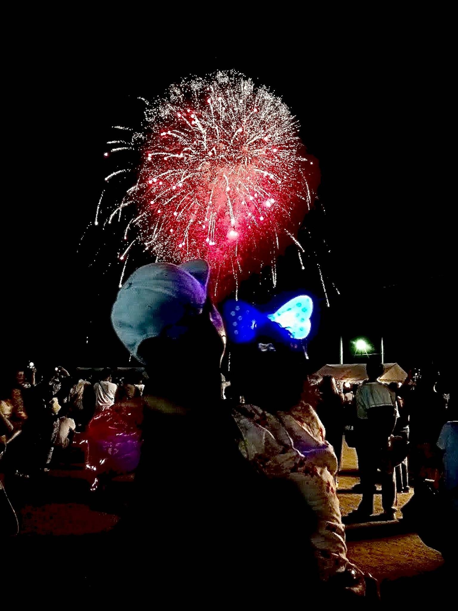 Un padre sosteniendo a un niño con un lazo azul mirando fuegos artificiales en el cielo nocturno