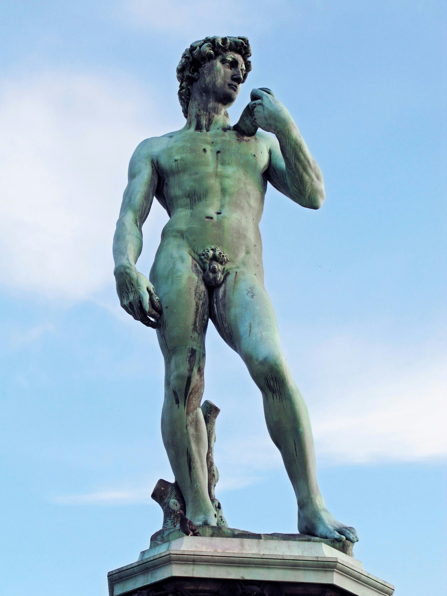 Bronze statue of David standing under a blue sky