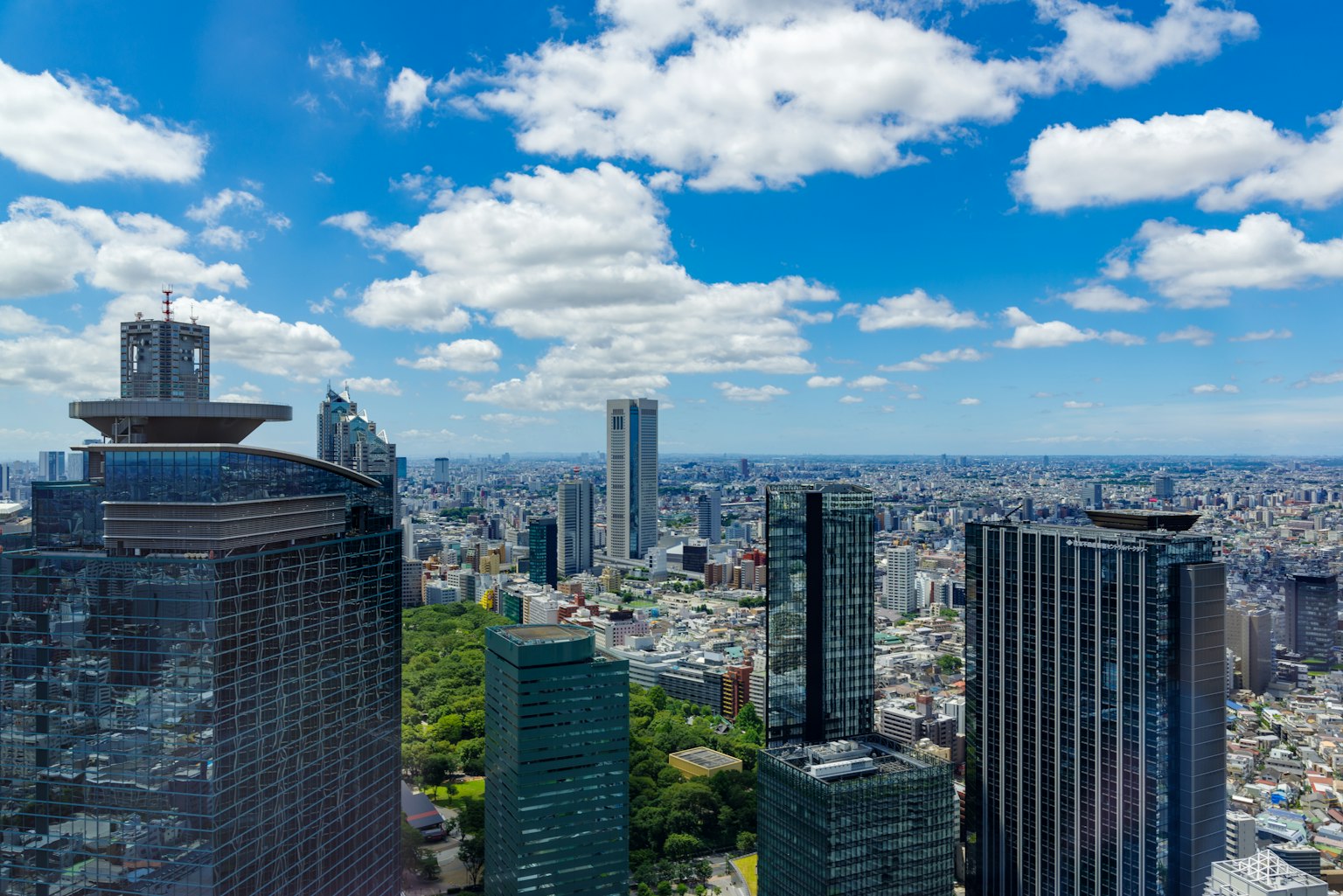 Vista del horizonte de Tokio con rascacielos y cielo azul