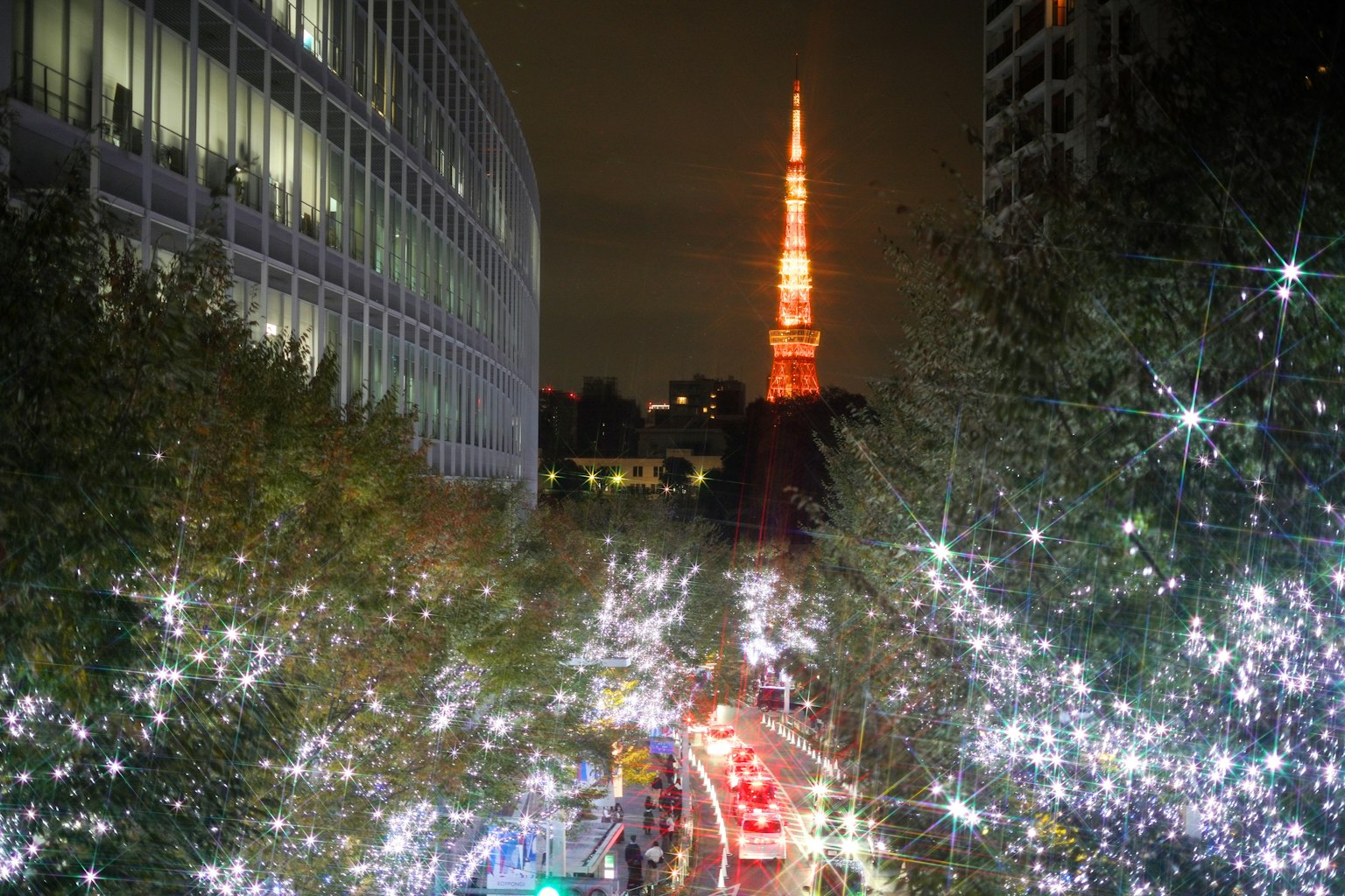 夜間照亮的東京塔和街道兩旁閃爍的樹木