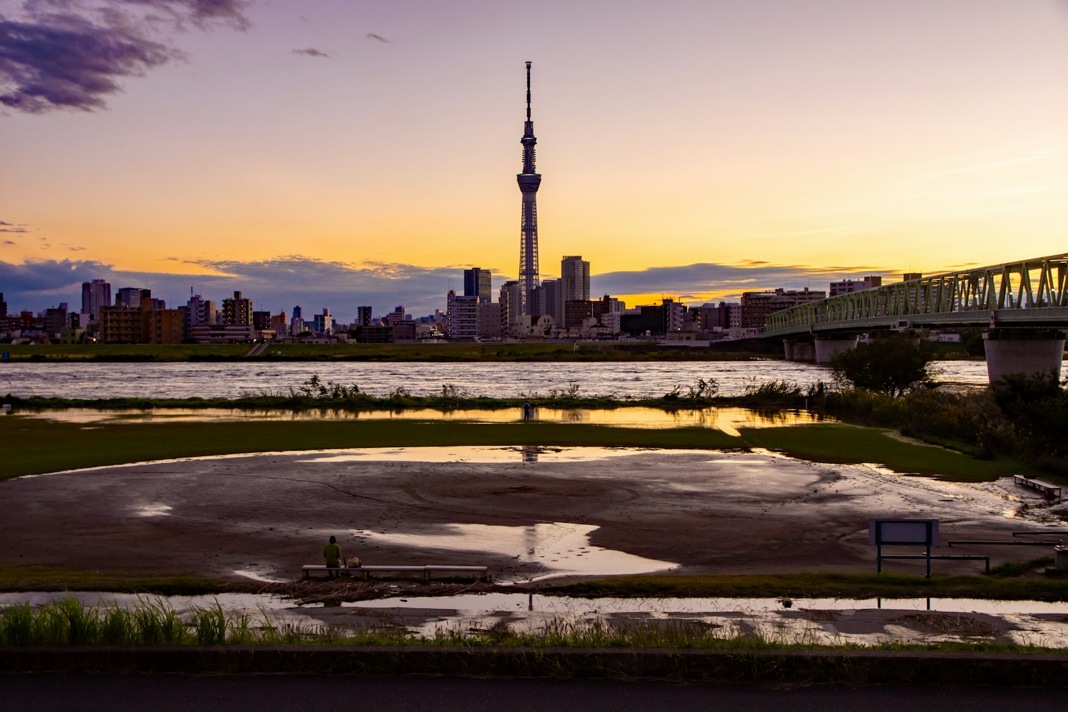 Tokyo Skytree vào lúc hoàng hôn với đường chân trời thành phố