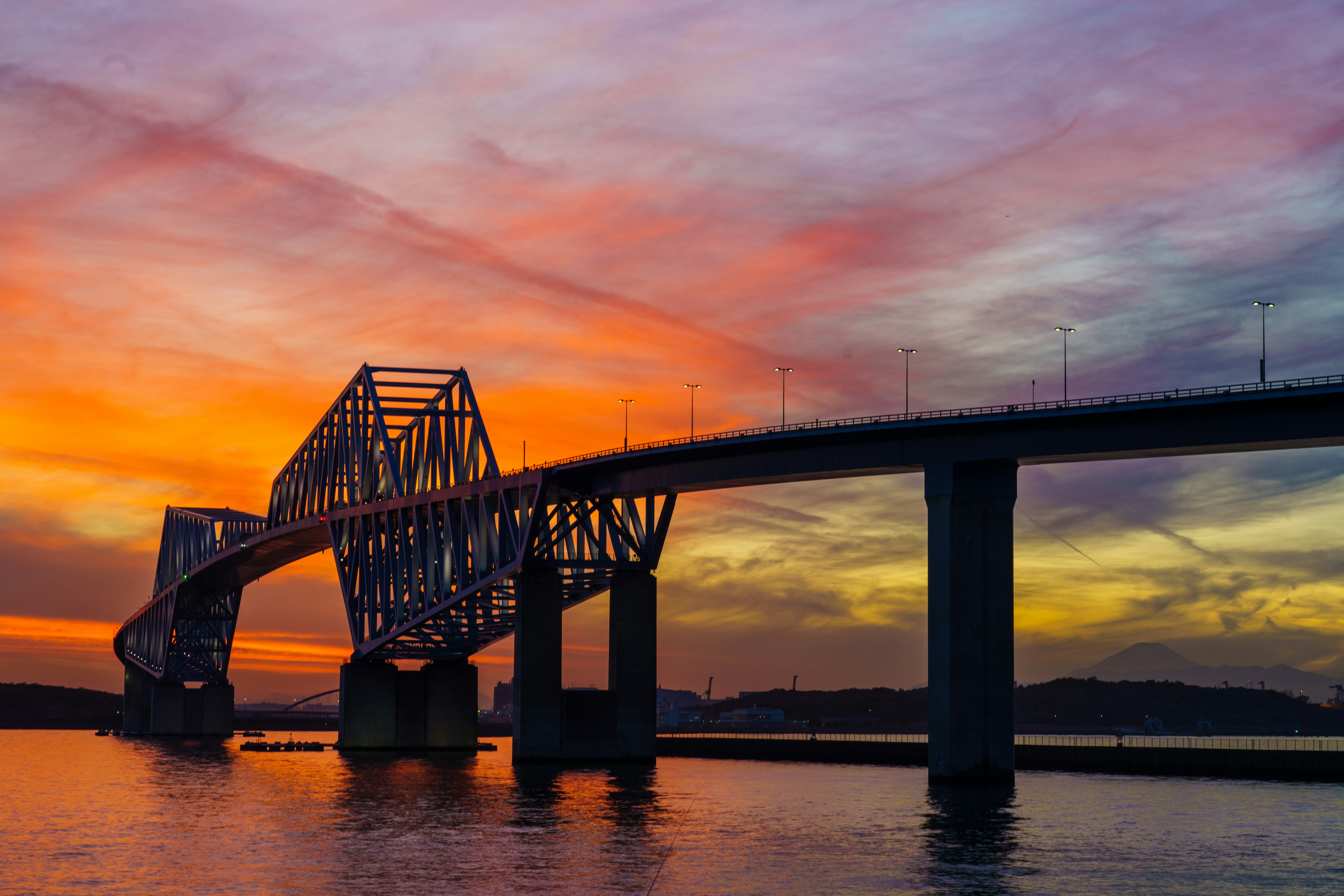 夕焼け空の下を渡る橋と川の水面