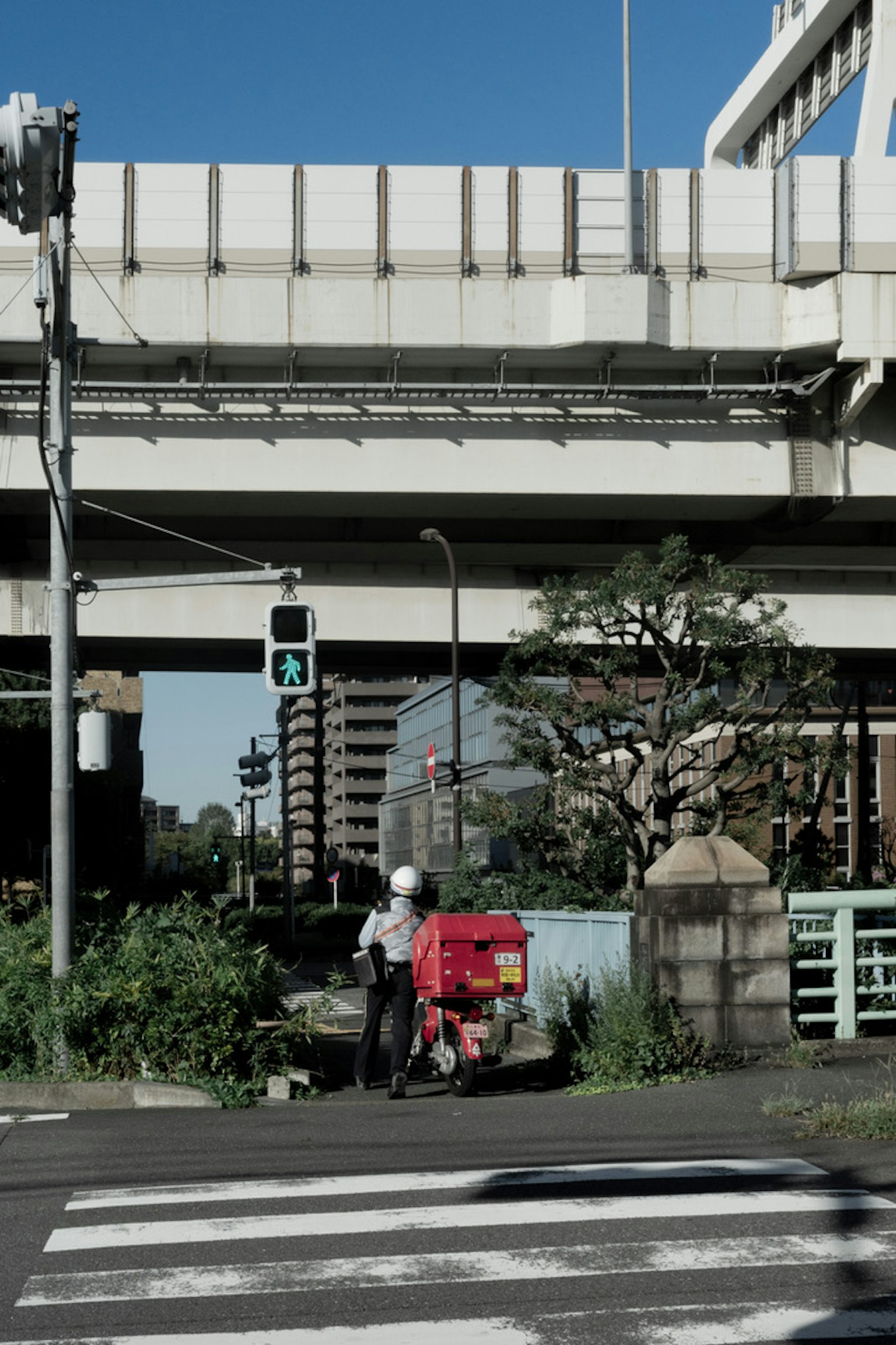 在高架橋下的送貨員與紅色自行車及交通信號燈