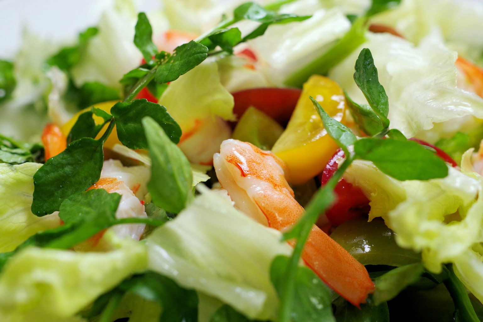 Fresh salad with shrimp and colorful vegetables arranged beautifully
