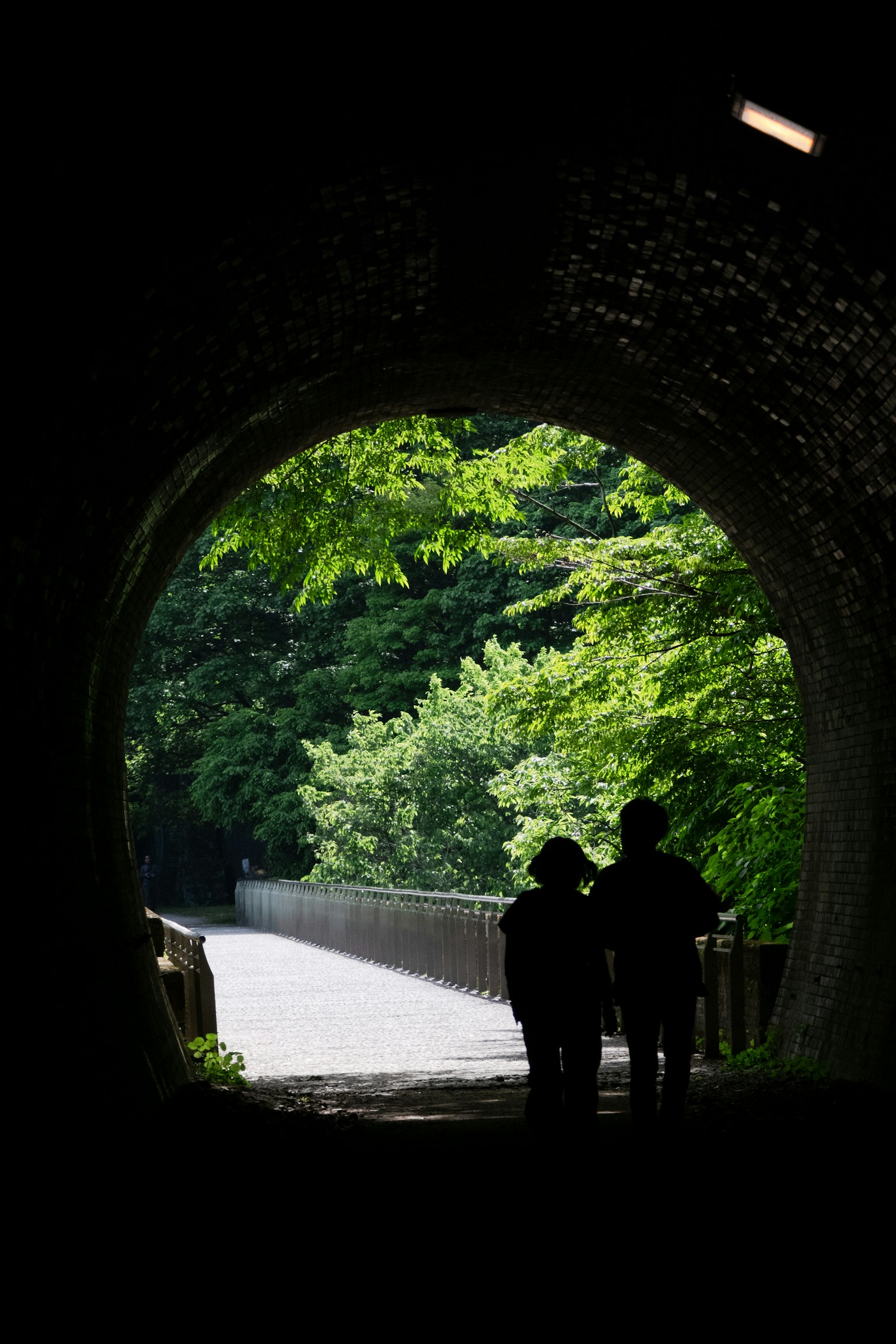 Silhouette di due persone all'uscita del tunnel con vegetazione lussureggiante