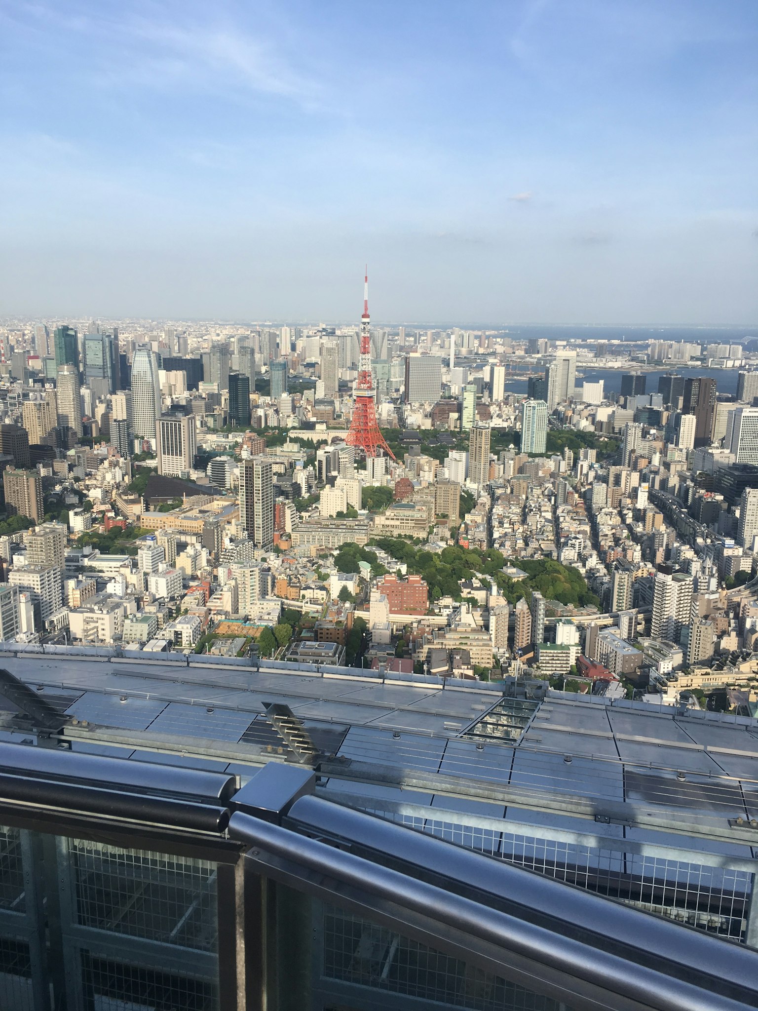 東京天際線的景觀，包括摩天大樓和東京塔，藍天與綠色公園