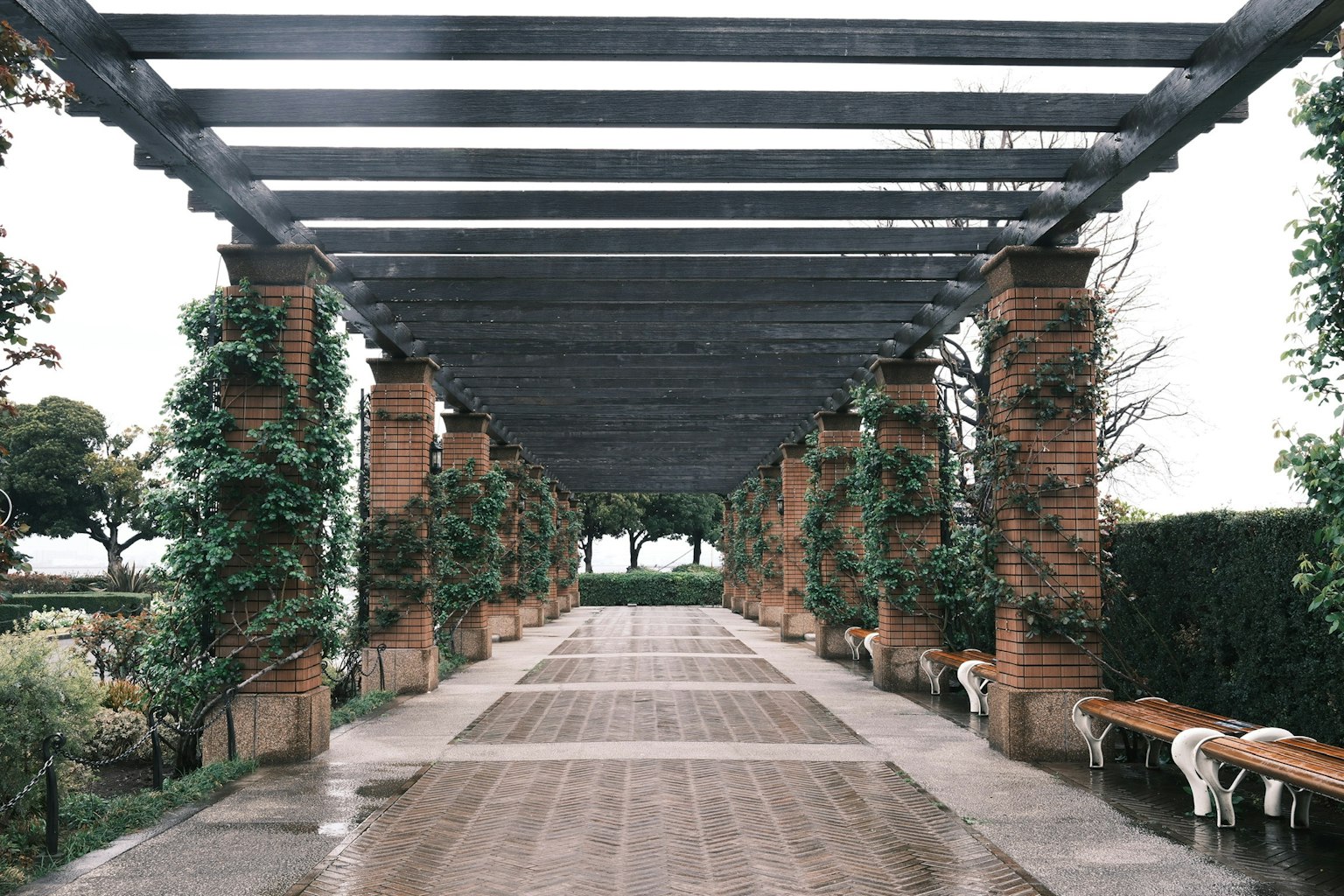 緑の植物に囲まれたレンガの柱と木製のベンチが並ぶアーチ型の通路