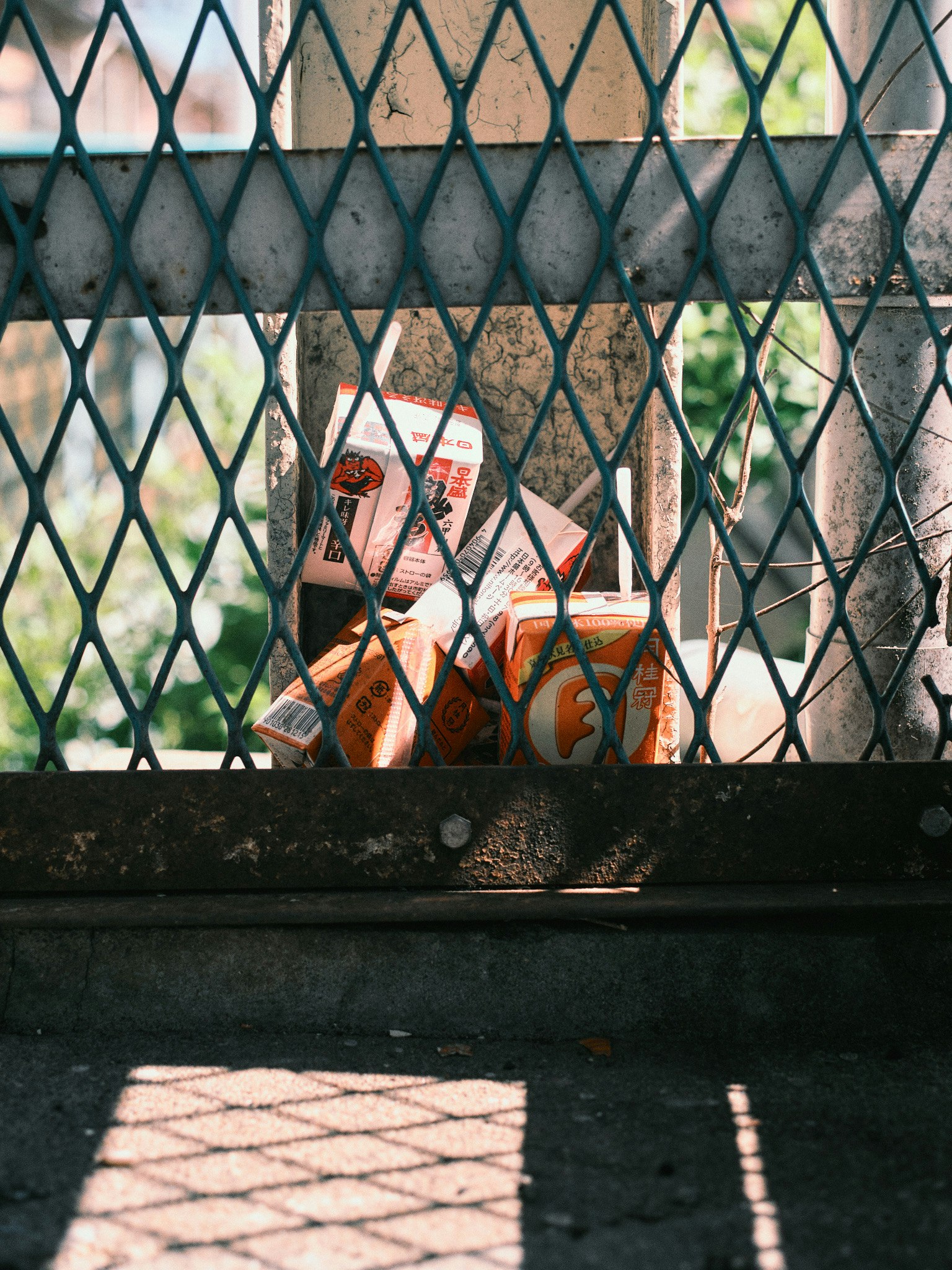 Lattine arancioni visibili attraverso una recinzione metallica a motivi romboidali con sfondo verde