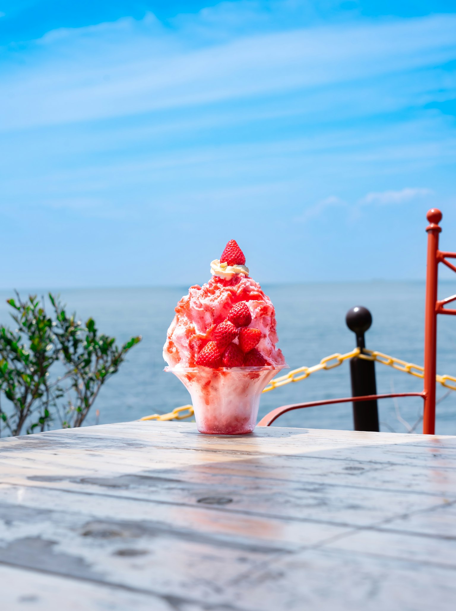 Shaved ice dessert topped with strawberries against a blue sea backdrop
