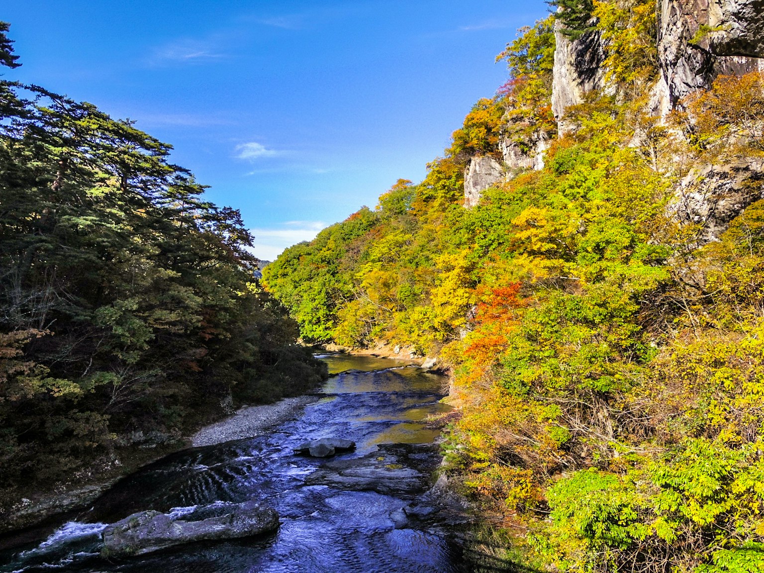 Malersicher Blick auf einen Fluss, umgeben von buntem Herbstlaub