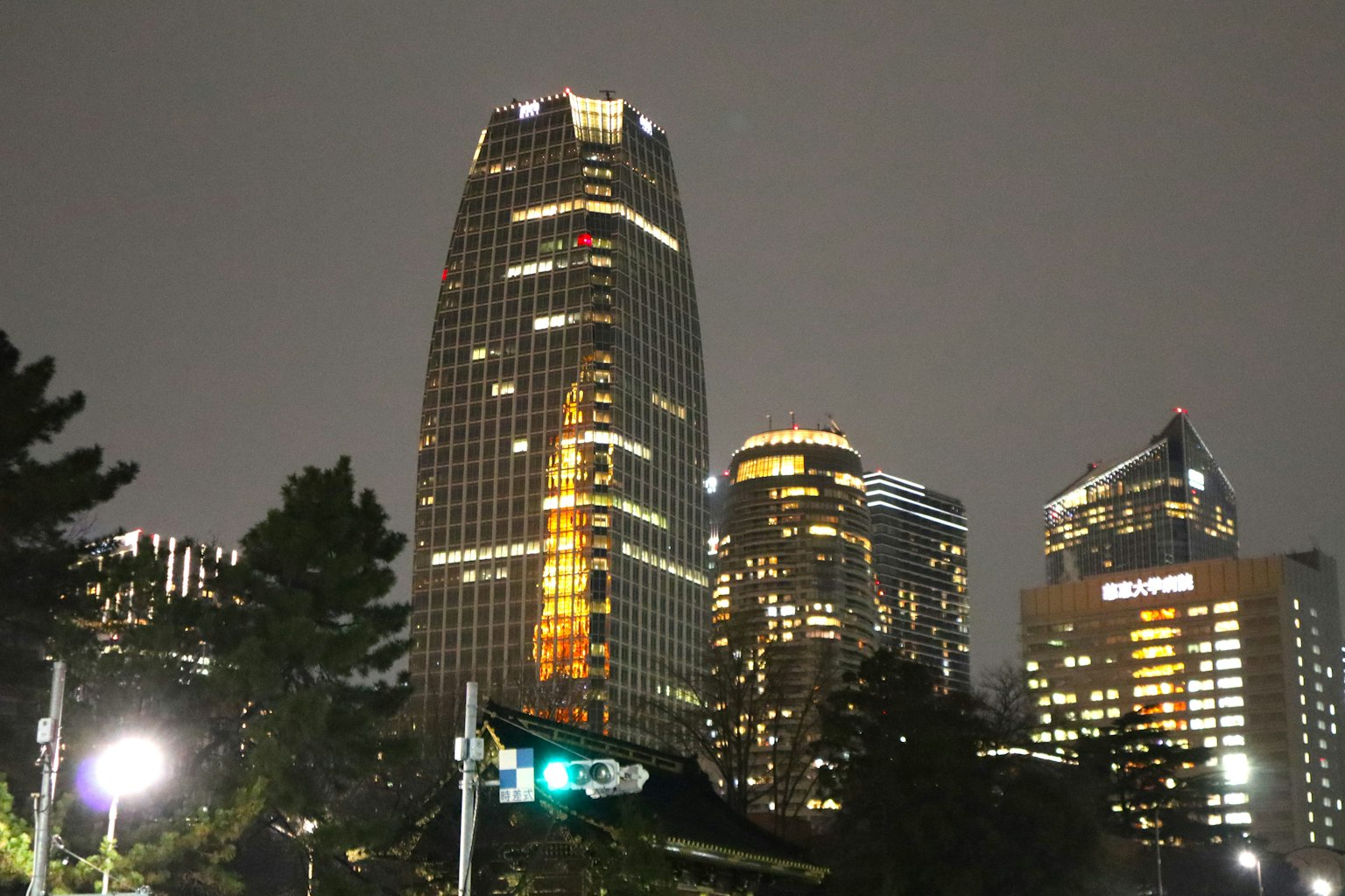 Urban skyline featuring illuminated skyscrapers at night