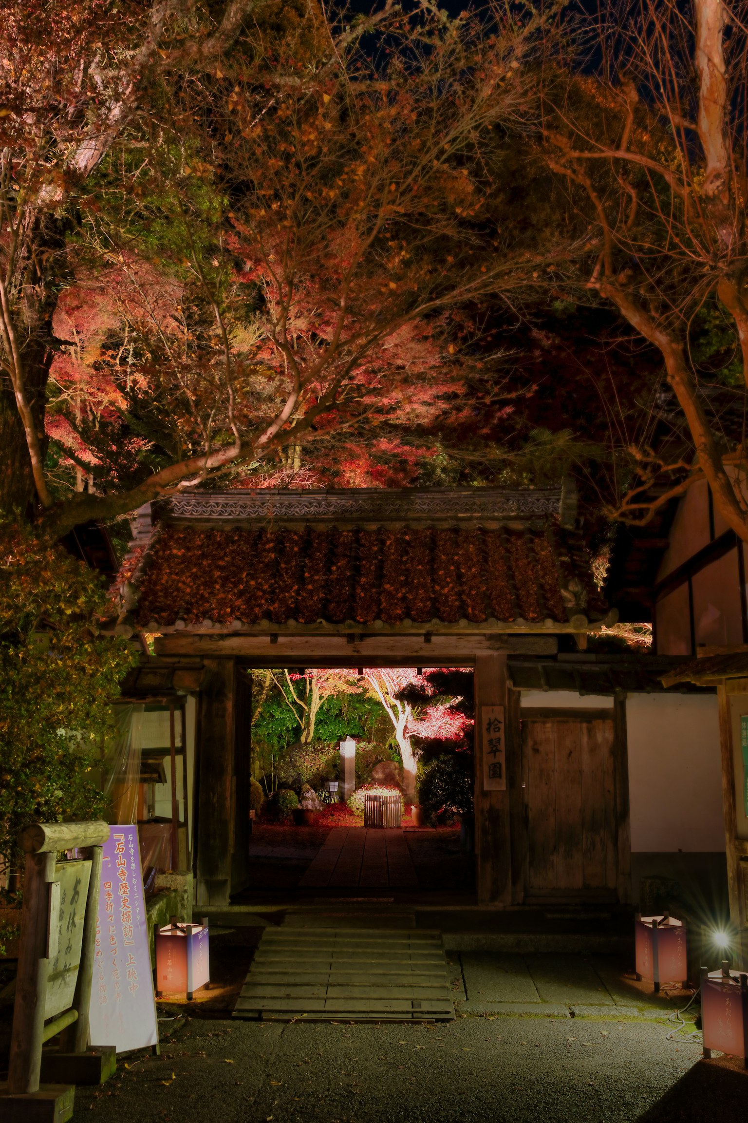 夜晚日本庭园入口的美丽景观