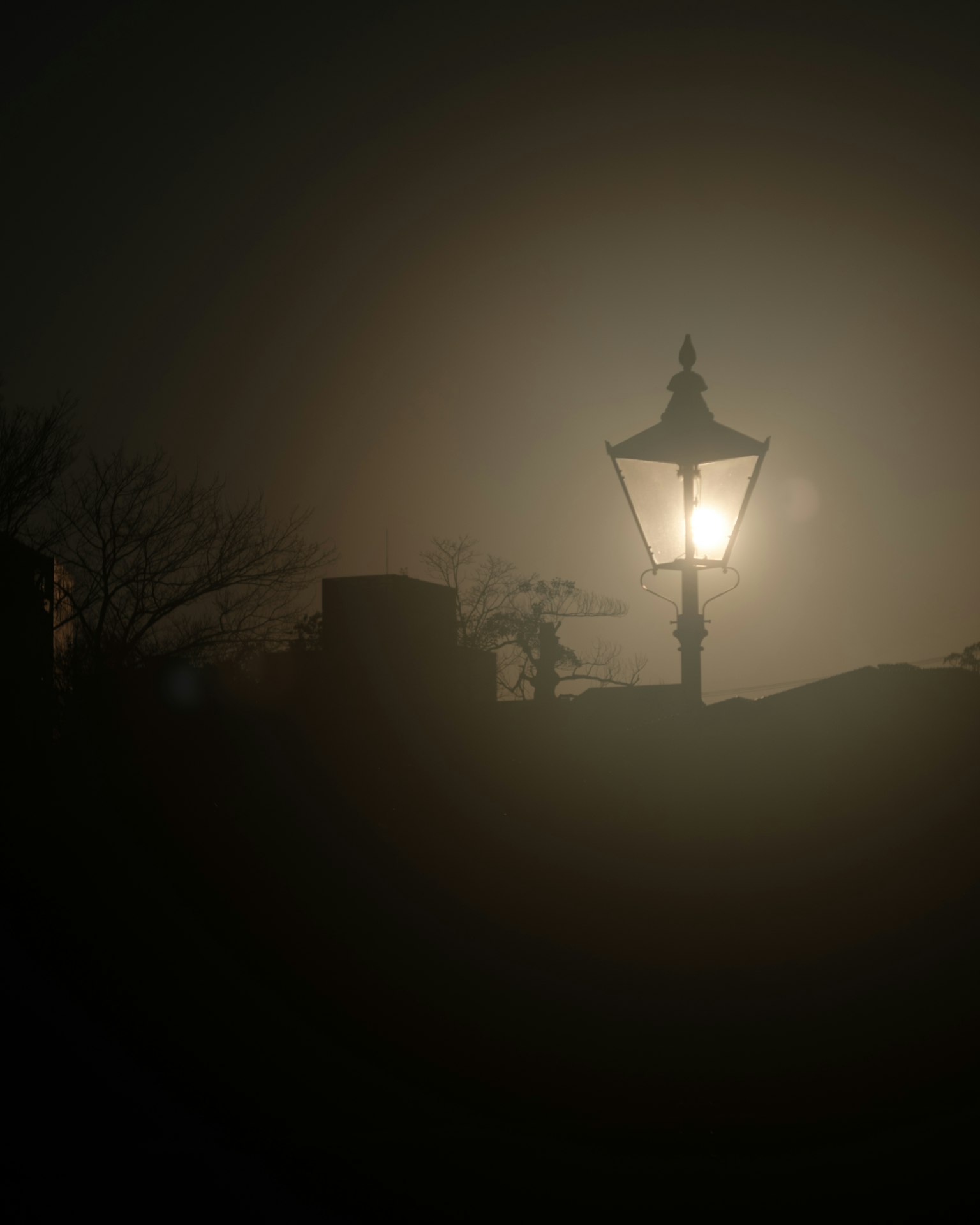 Eine Straßenlaterne, die ein sanftes Licht im Nebel ausstrahlt