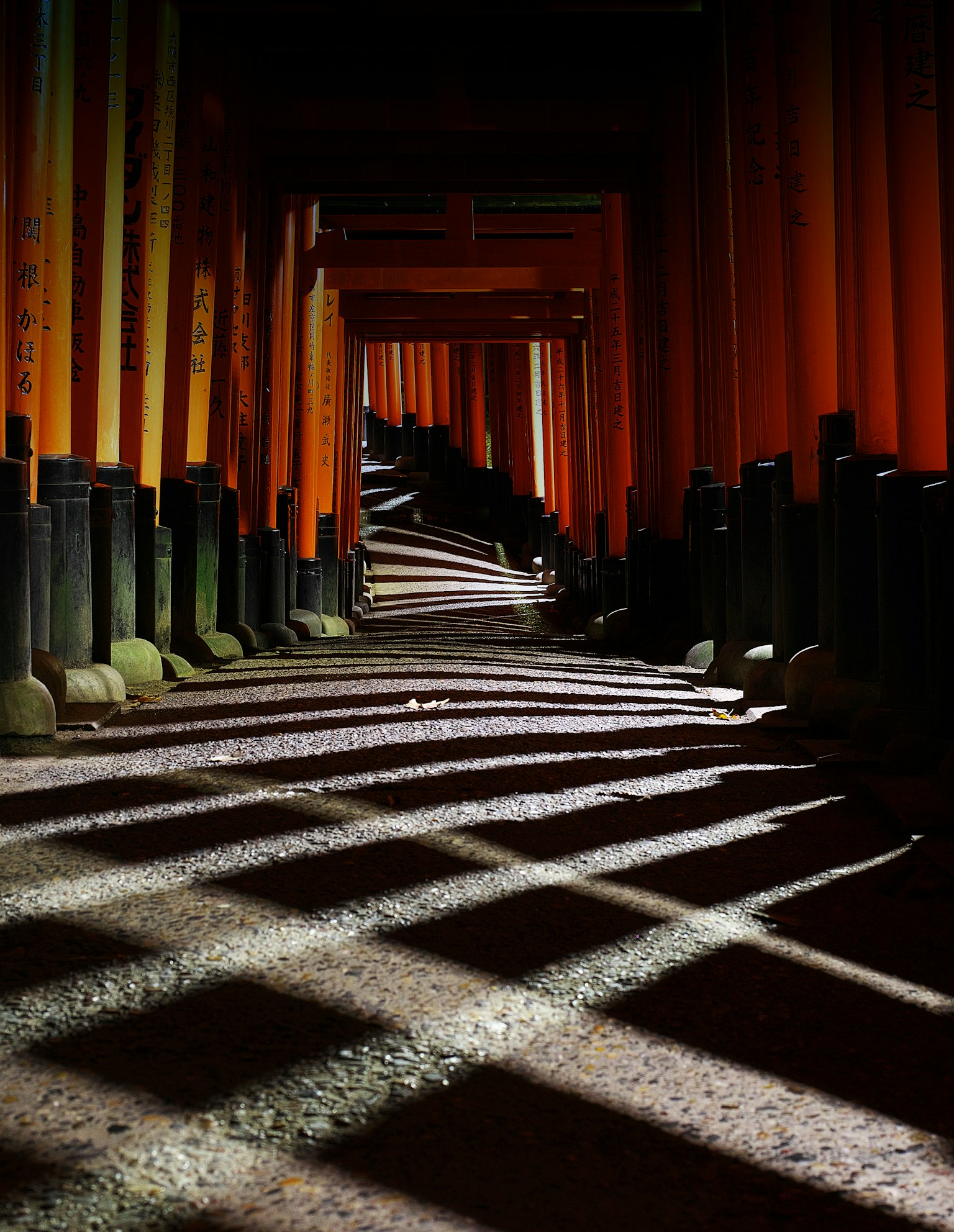 Tunnel di porte torii rosse al santuario Fushimi Inari con schemi di ombra