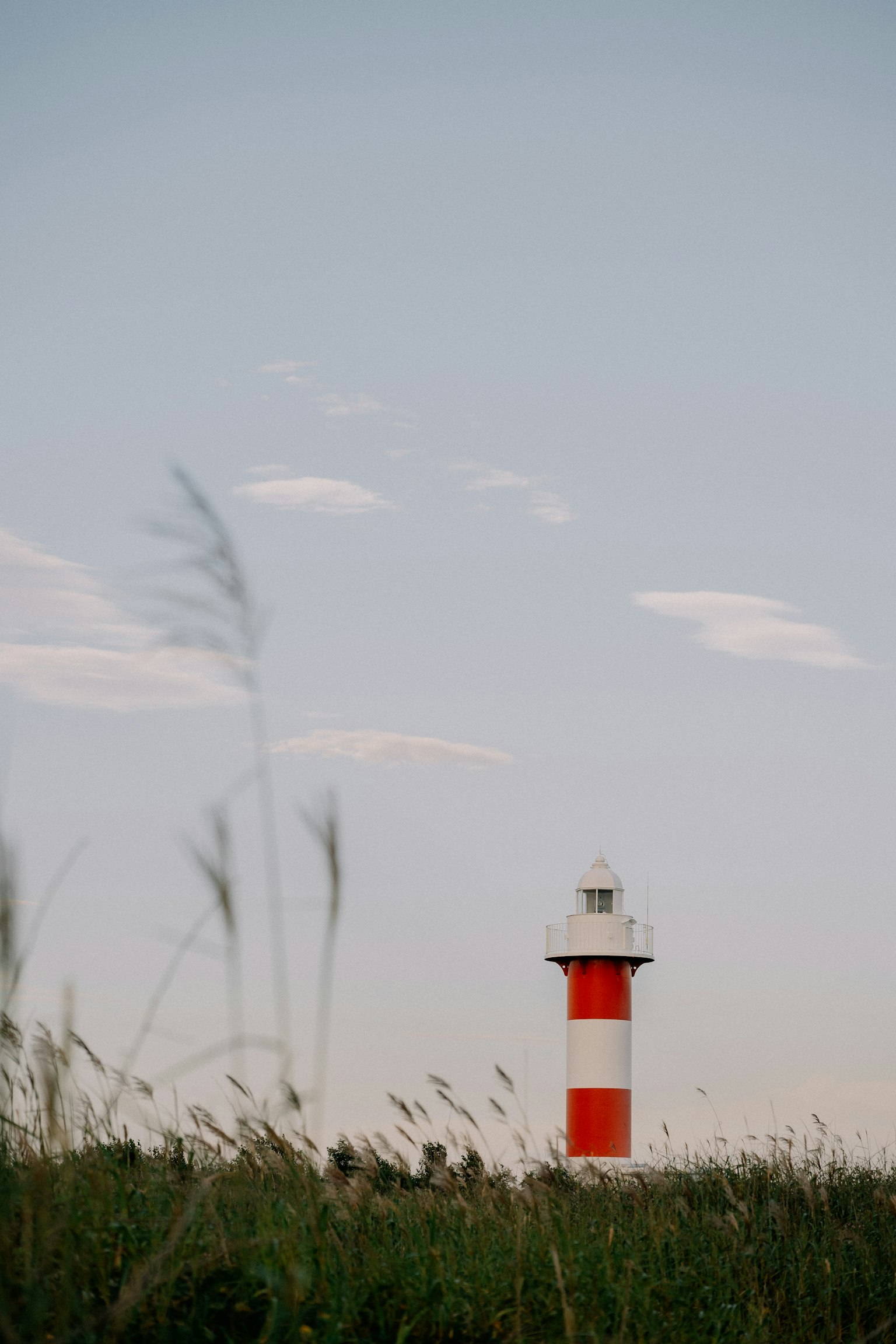 A red and white striped lighthouse stands in a grassy field