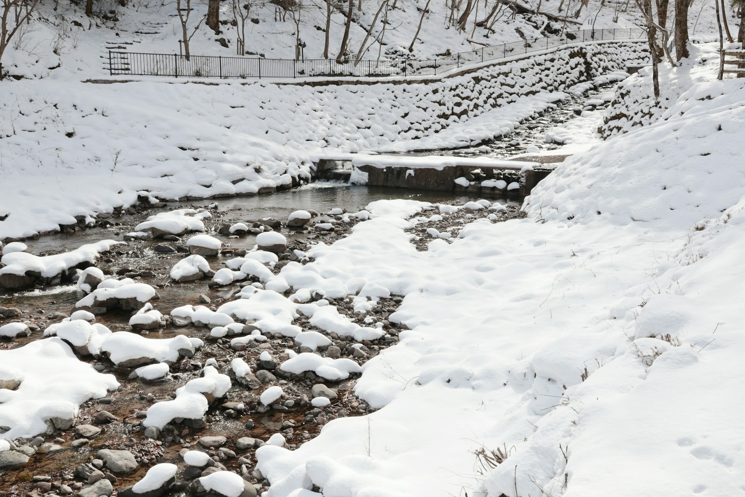 Ruisseau enneigé avec des rochers et paysage environnant