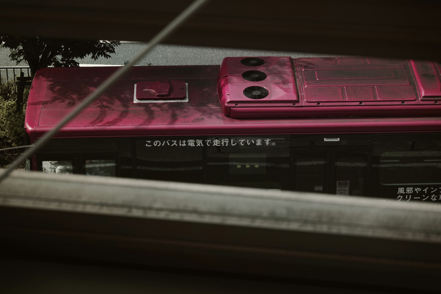 Pink bus visible through a window gap with text on top
