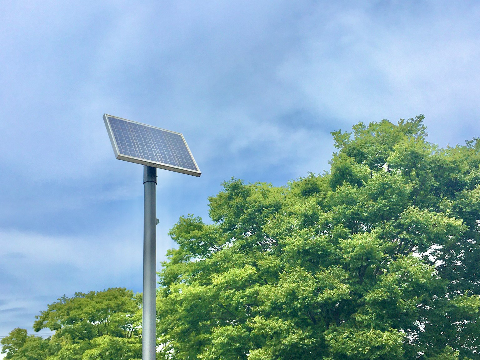 Pannello solare su un palo sotto un cielo blu con alberi verdi lussureggianti