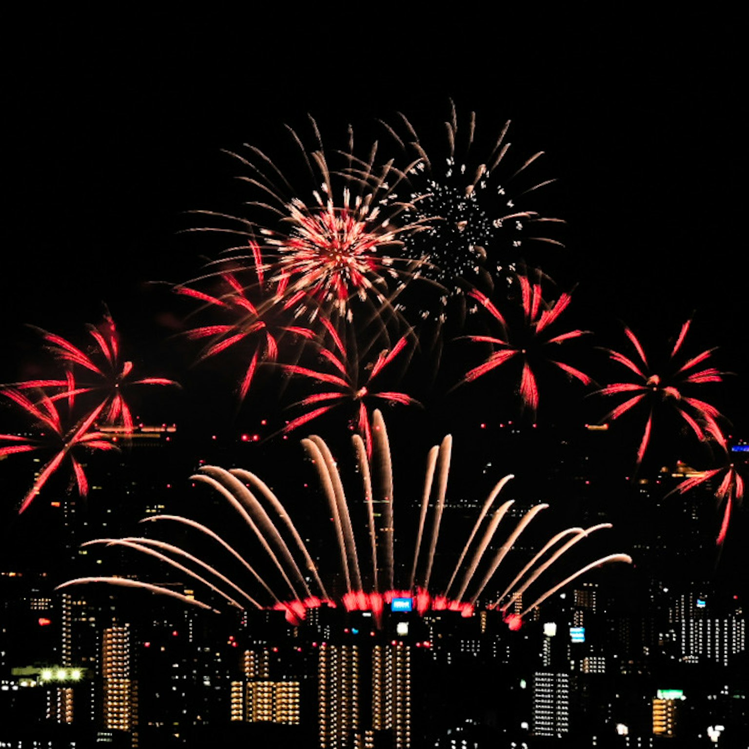 夜空中绚丽的烟花与城市天际线