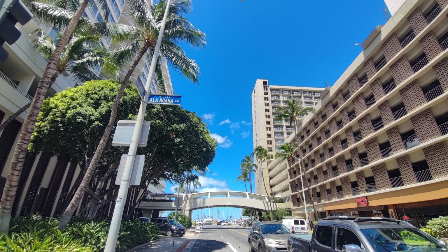 Paisaje urbano bajo un cielo azul con edificios altos y una calle ancha con palmeras