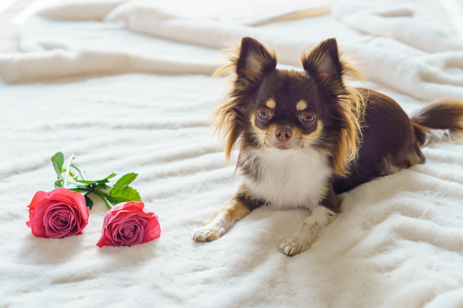 Seekor chihuahua coklat terbaring di atas selimut putih dengan dua mawar di dekatnya