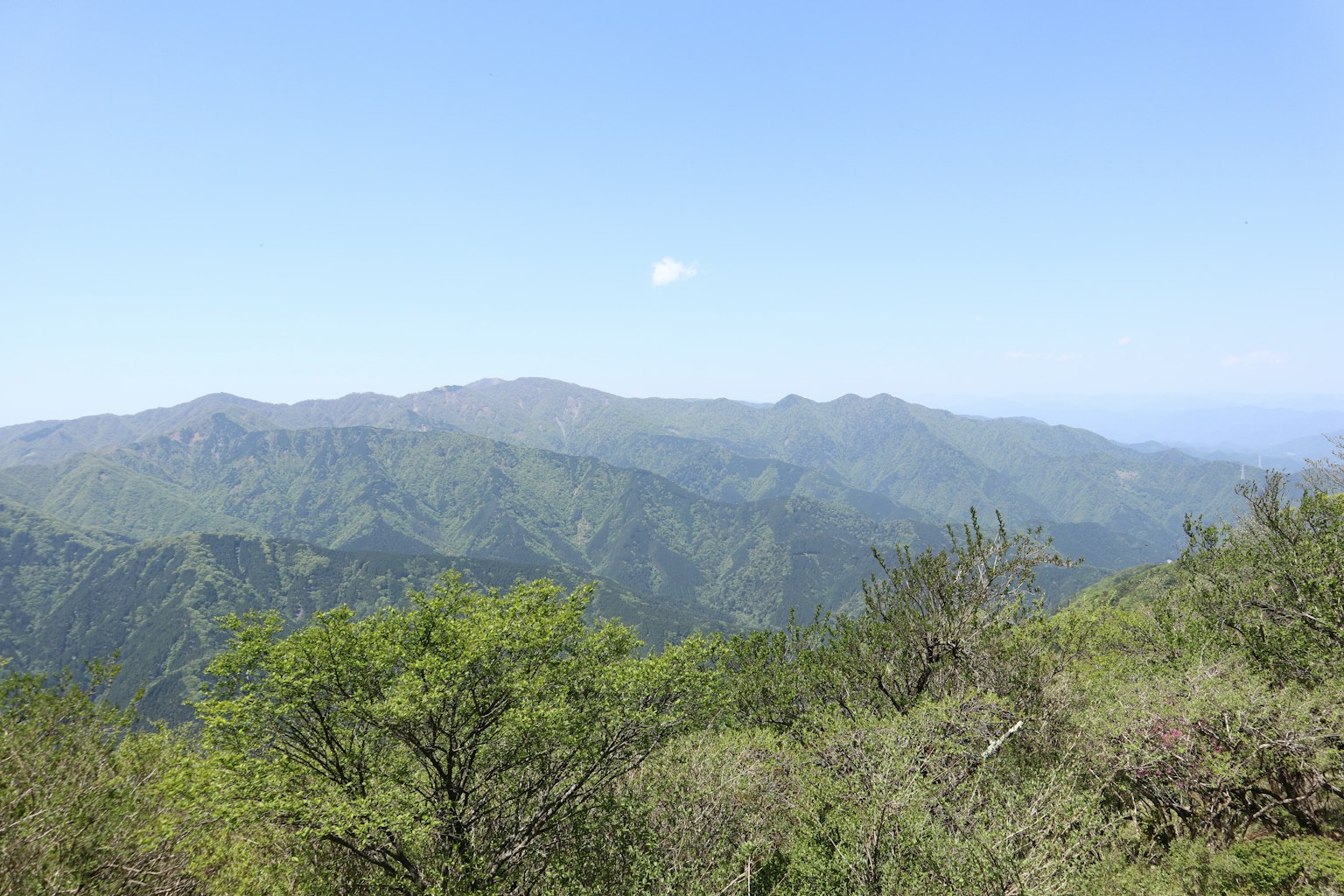 Lush green mountains under a clear blue sky