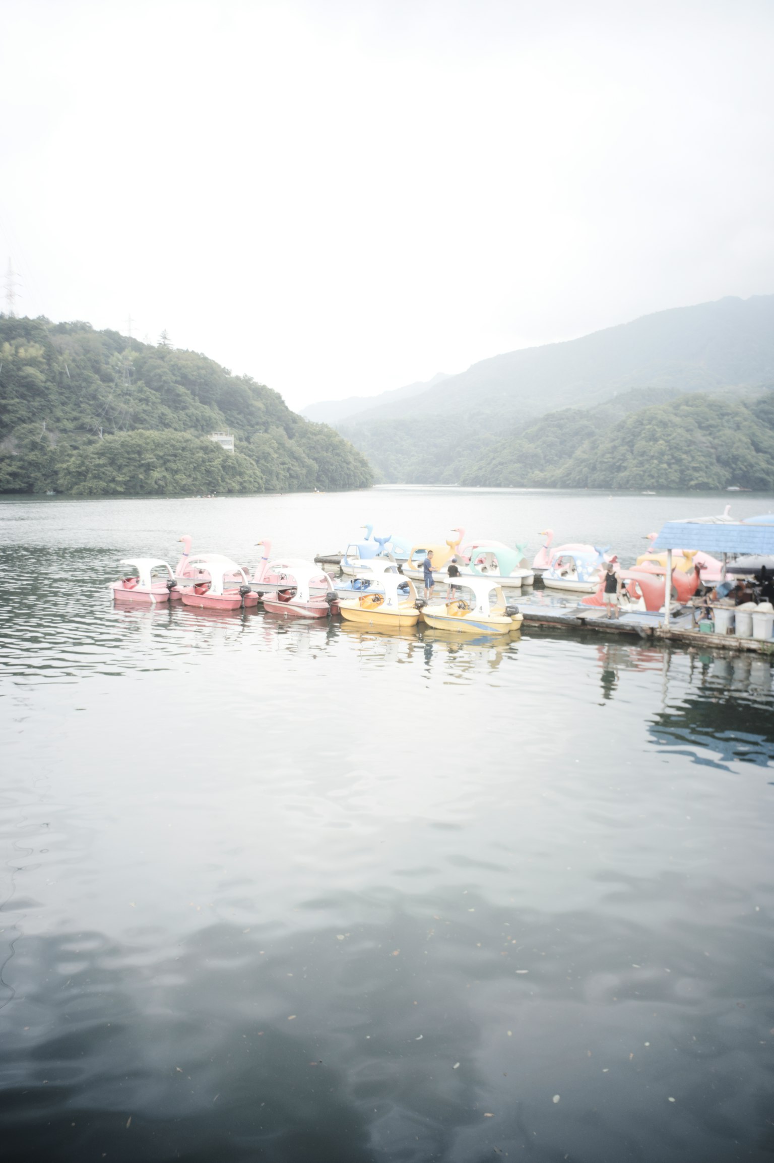 Barche colorate su un lago nebbioso con colline circostanti