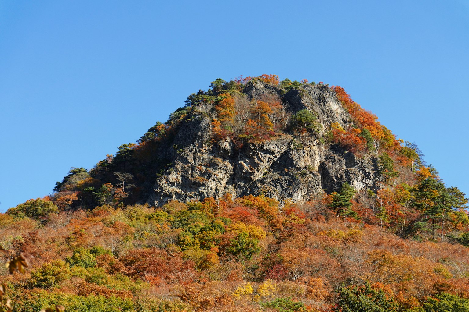 Rocky mountain surrounded by autumn foliage under a clear blue sky