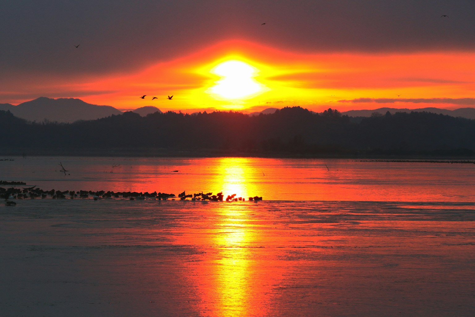 Schöne Landschaft mit Sonnenuntergang, der sich im Wasser spiegelt und dunkler Silhouette von Bergen