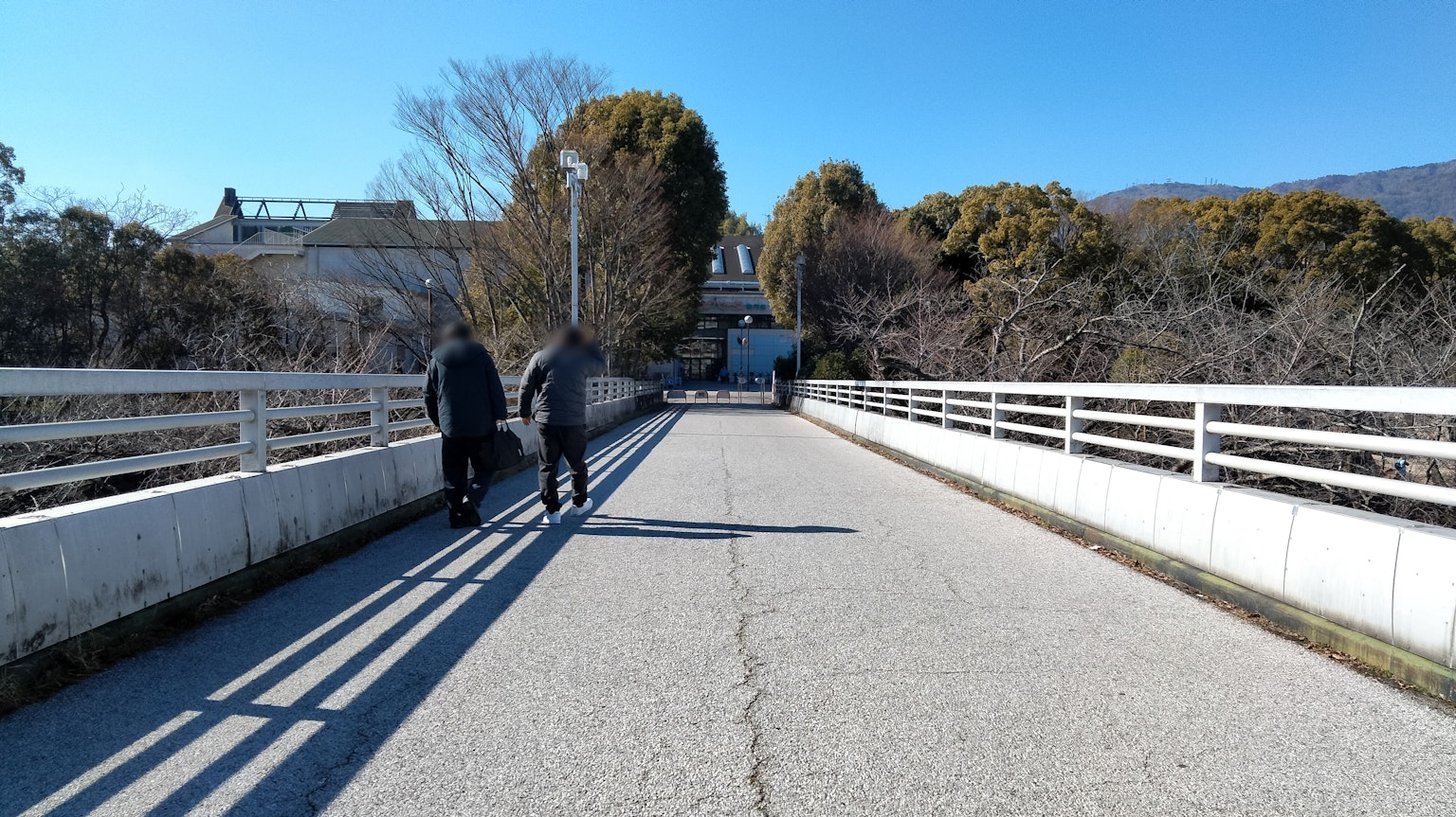 맑은 파란 하늘 아래 다리를 걷고 있는 두 사람