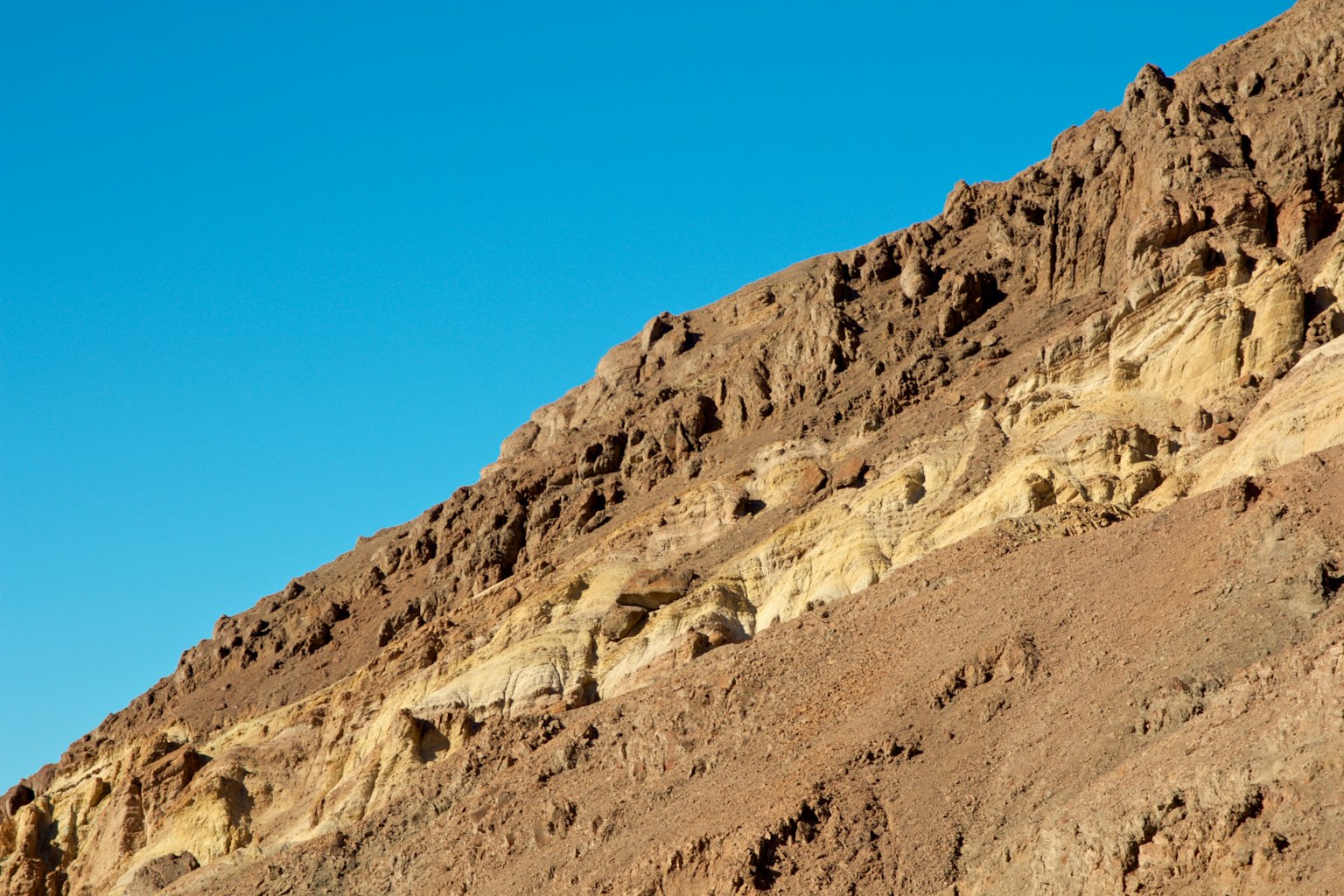 Paisaje de montañas rocosas marrones bajo un cielo azul claro