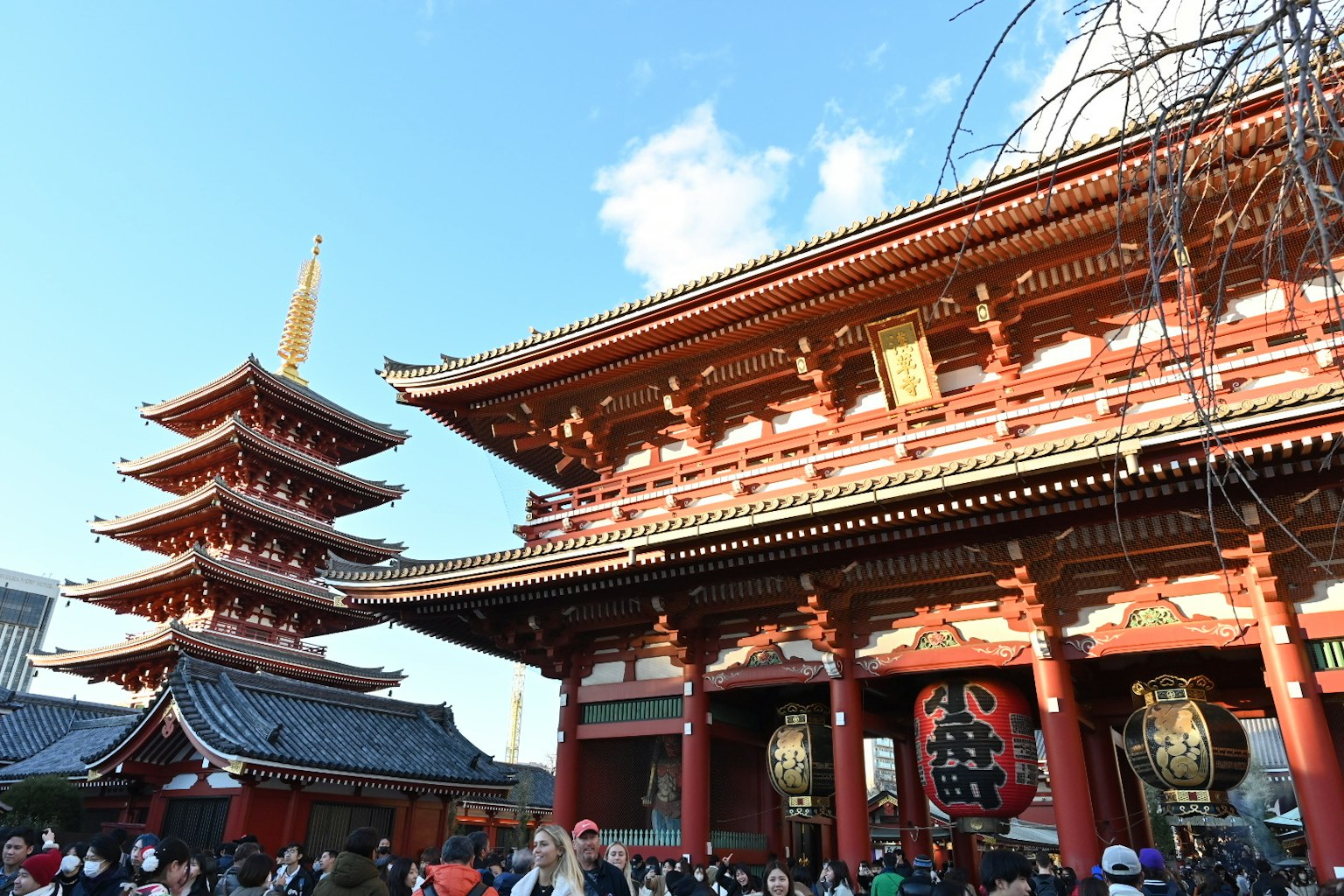 Temple d'Asakusa avec des structures rouges et une pagode à cinq étages sous un ciel bleu
