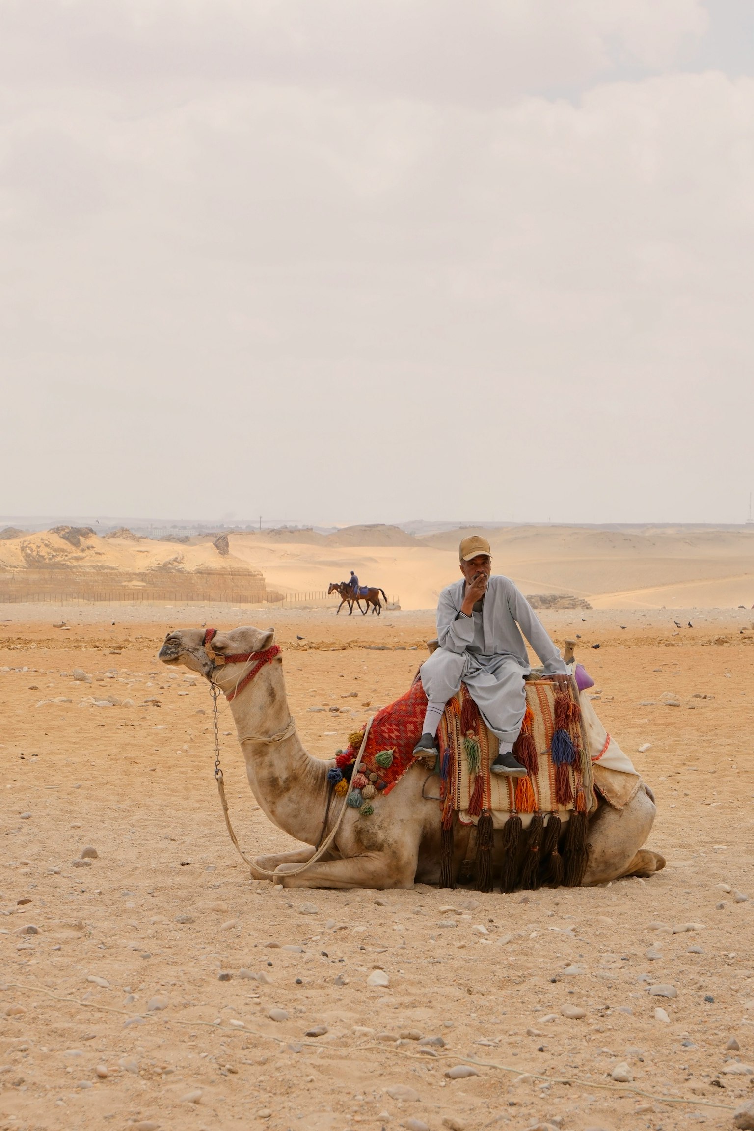 A person riding a camel in a desert landscape