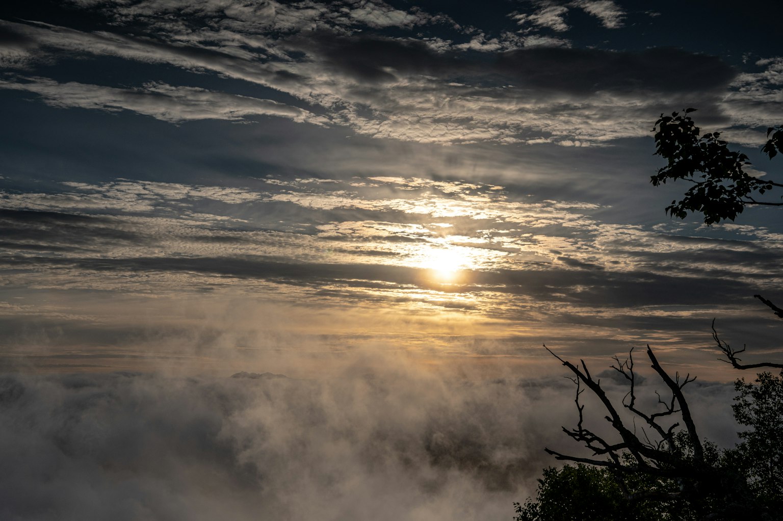 Bellissimo paesaggio del tramonto che affonda nella nebbia e nelle nuvole