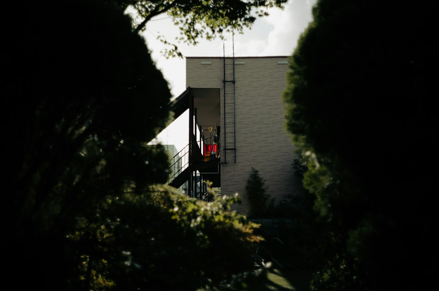 Gebäude teilweise von Bäumen verdeckt mit einem sichtbaren Arbeiter
