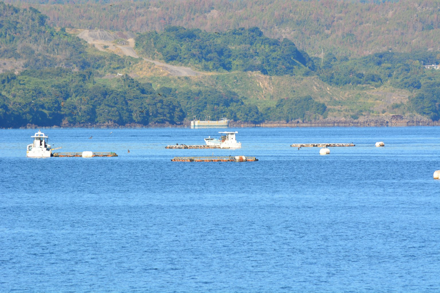 Pemandangan tenang danau dengan perahu dan fasilitas akuakultur